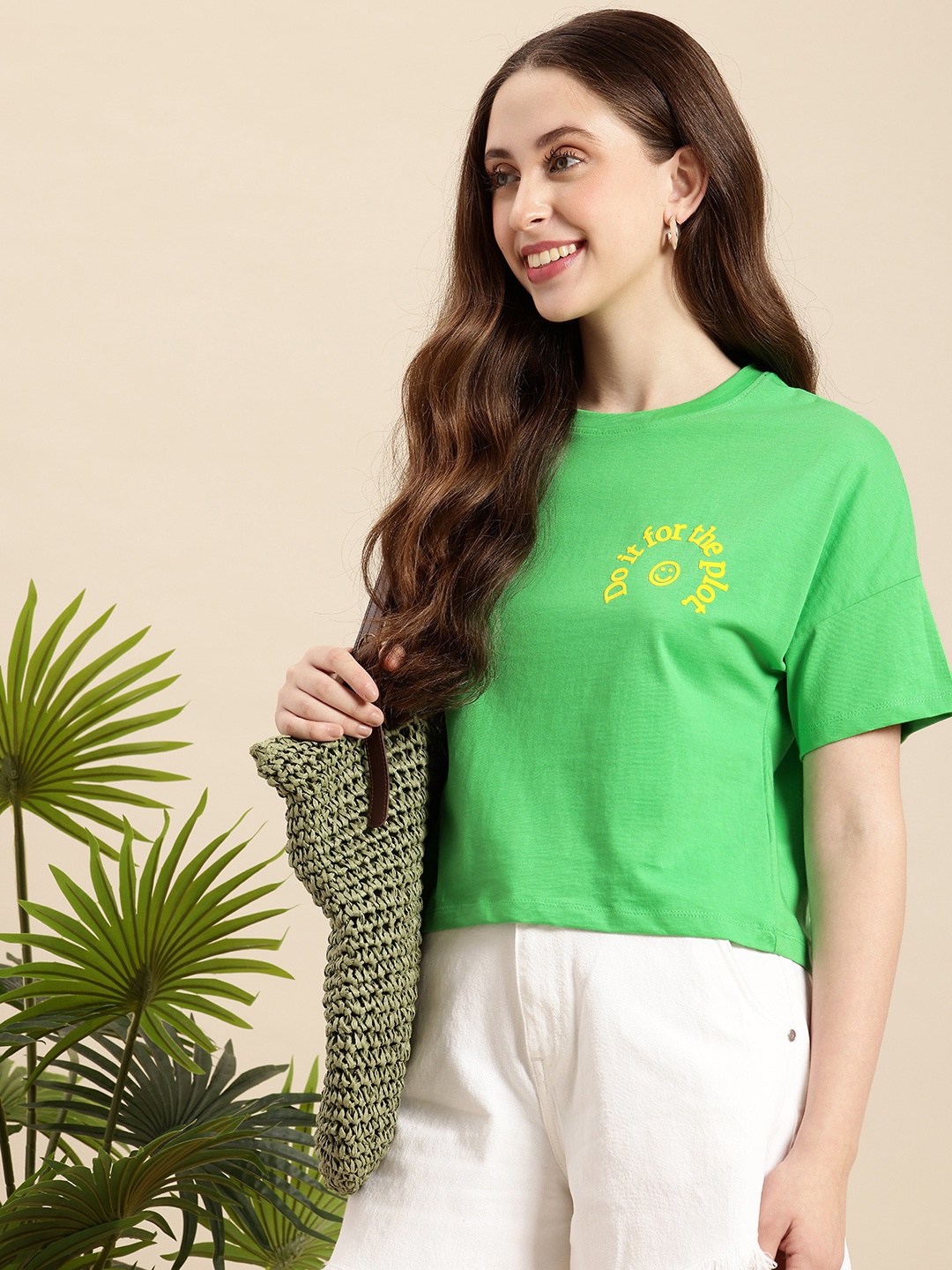 

Mast & Harbour Drop-Shoulder Sleeves Pure Cotton T-shirt, Green