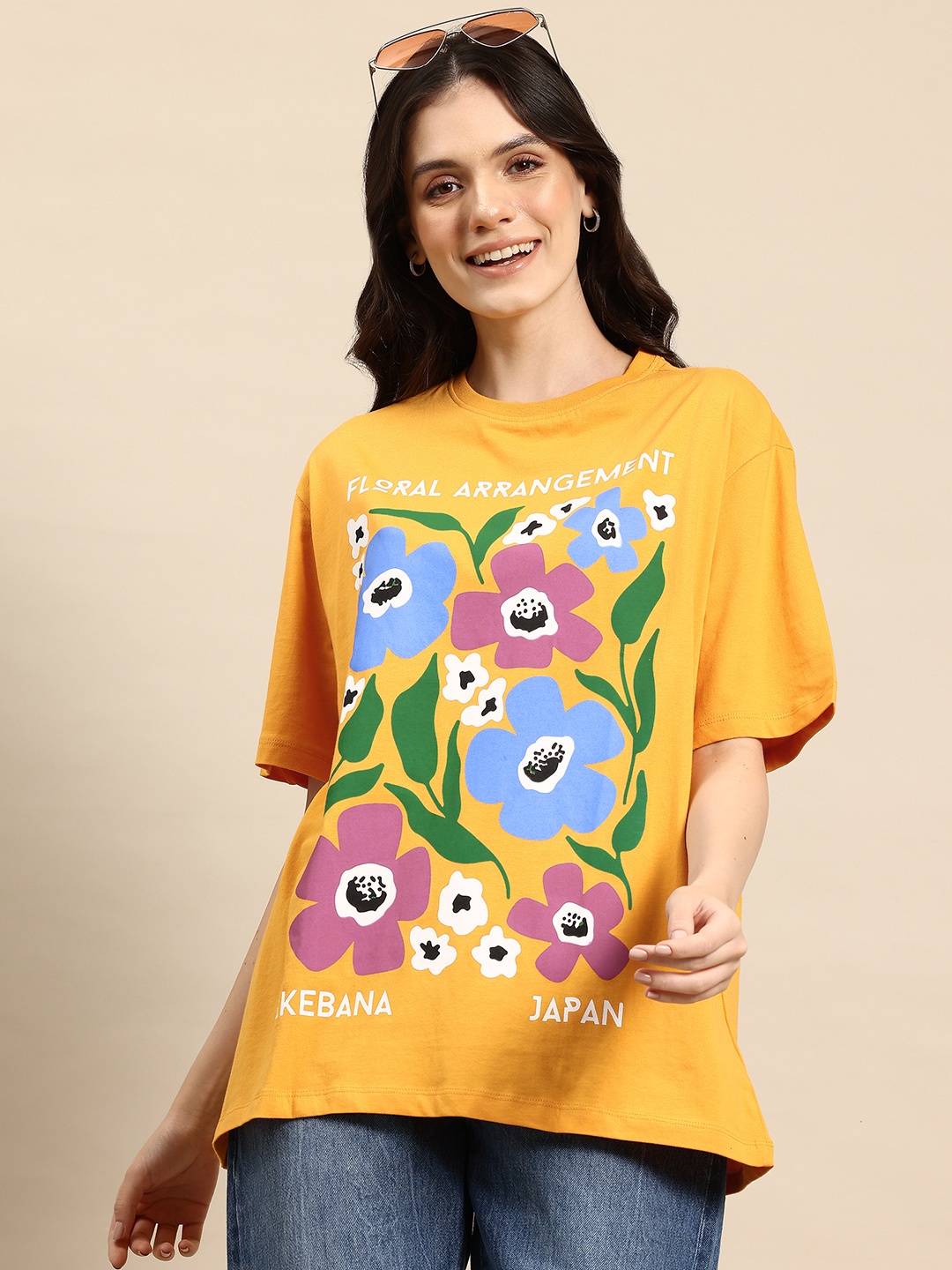 

Mast & Harbour Women Floral Printed Pure Cotton Oversized T-shirt, Mustard