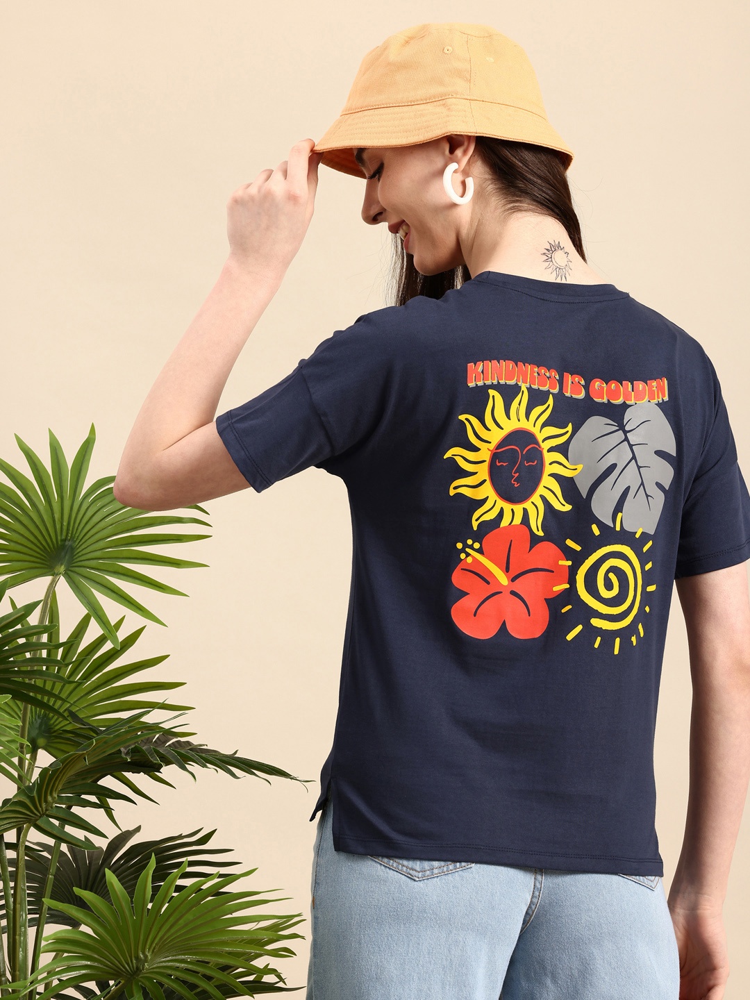 

Mast & Harbour Graphic Printed Drop-Shoulder Sleeves Pure Cotton Casual T-shirt, Navy blue