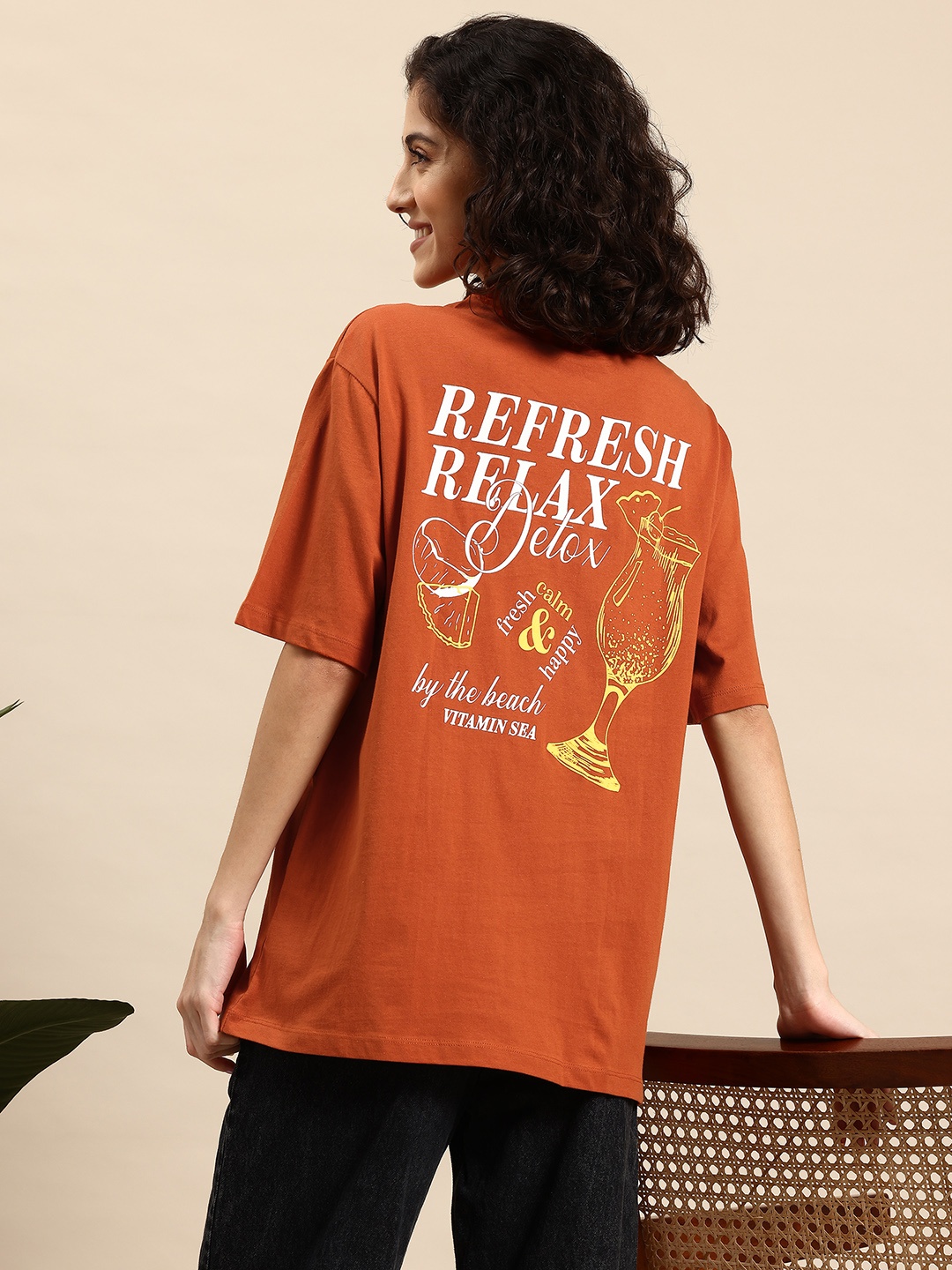 

Mast & Harbour Women Typography Printed Pure Cotton Oversized T-shirt, Rust