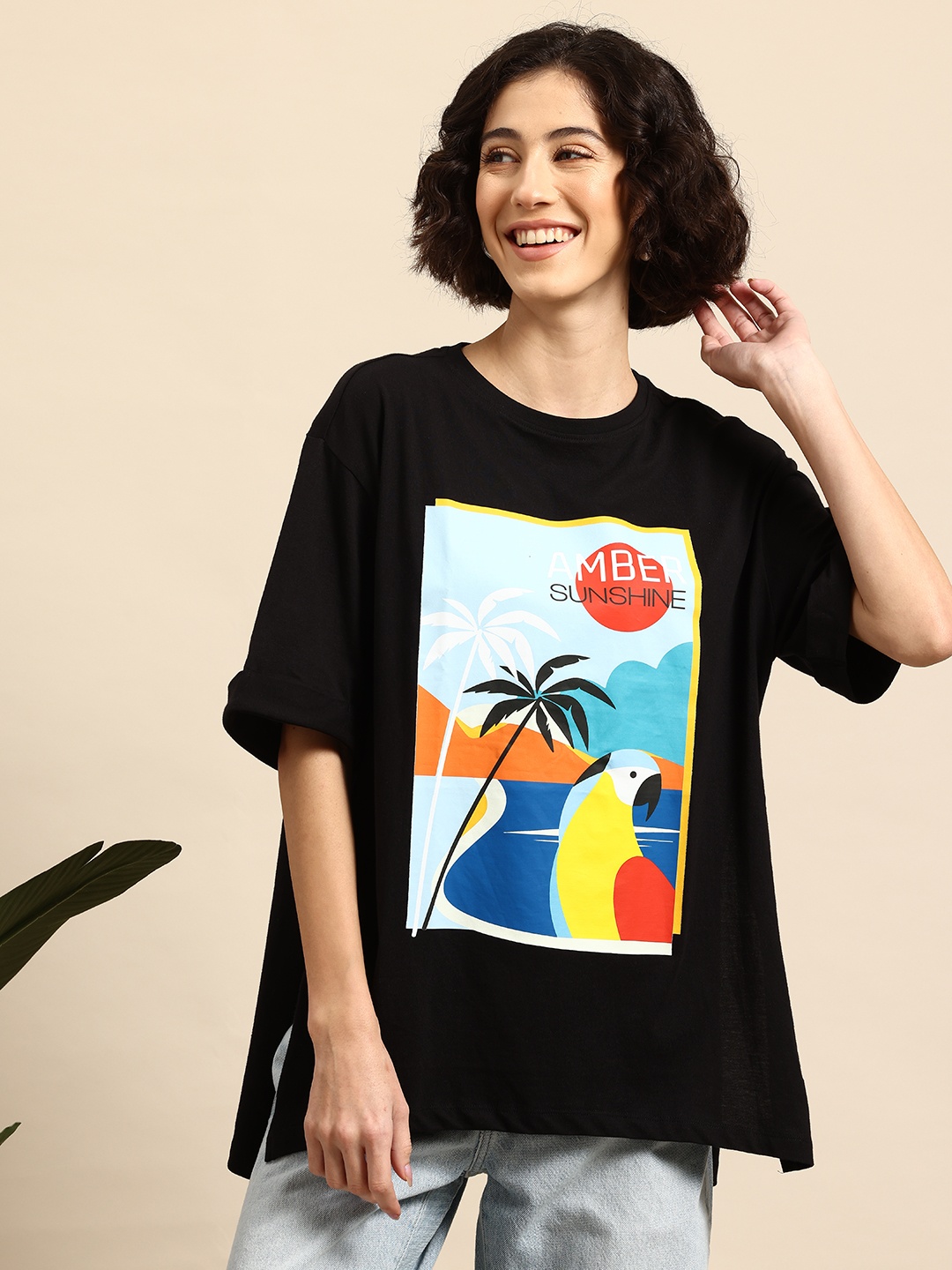 

Mast & Harbour Graphic Print Drop-Shoulder Sleeves Pure Cotton T-shirt, Black