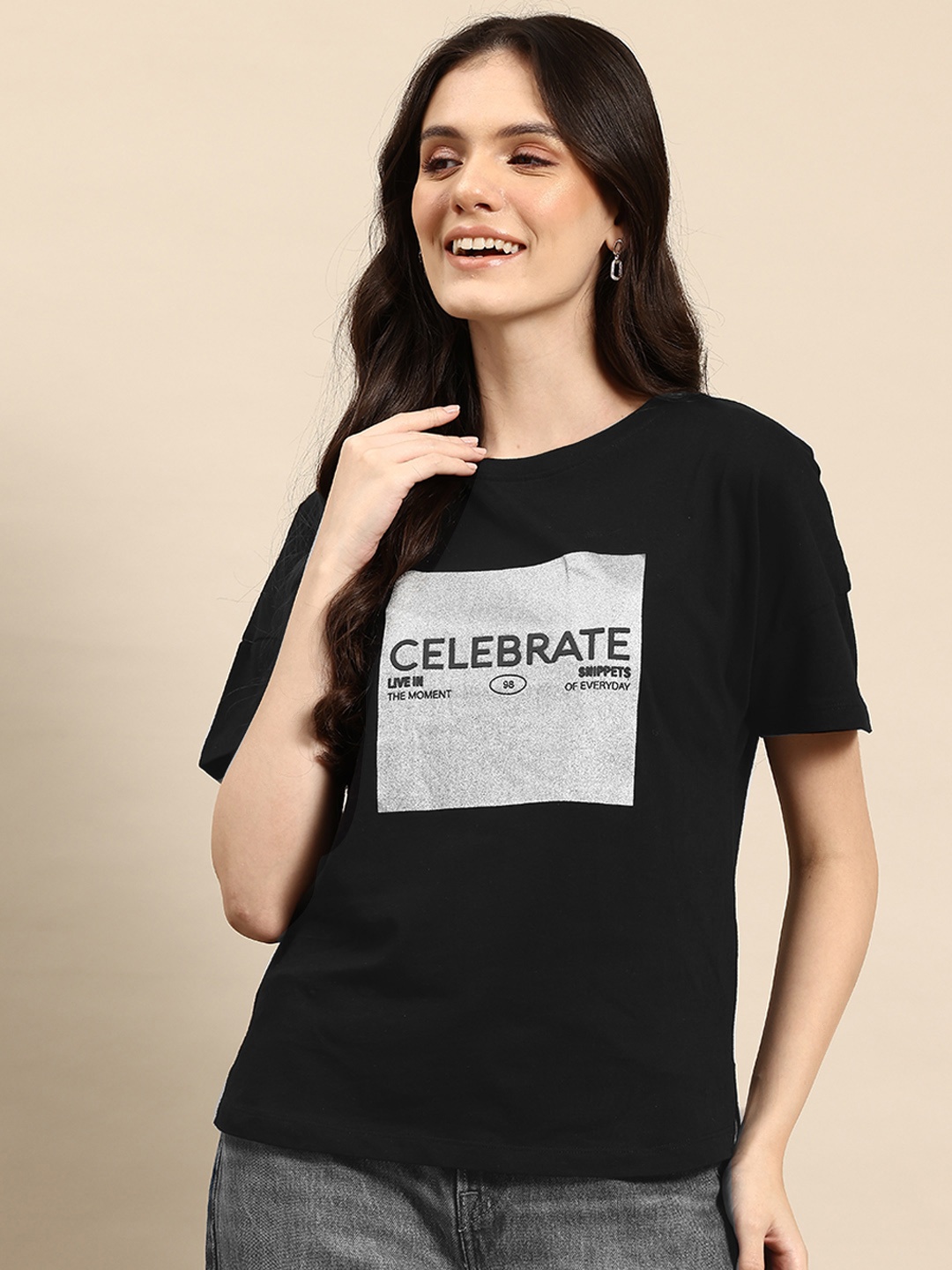 

Mast & Harbour Women Typography Printed Pure Cotton T-shirt, Black