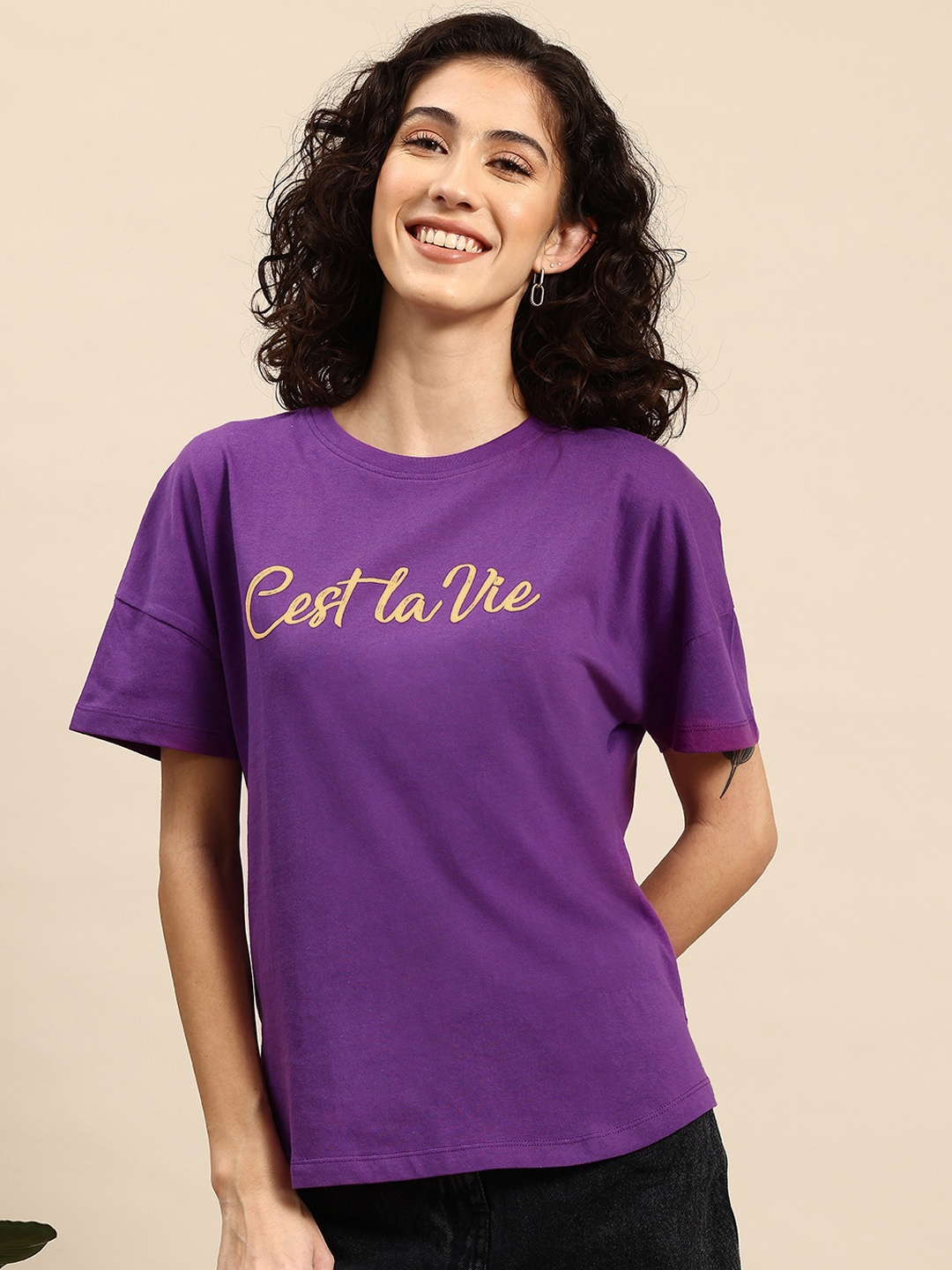 

Mast & Harbour Women Typography Printed Pure Cotton T-shirt, Purple