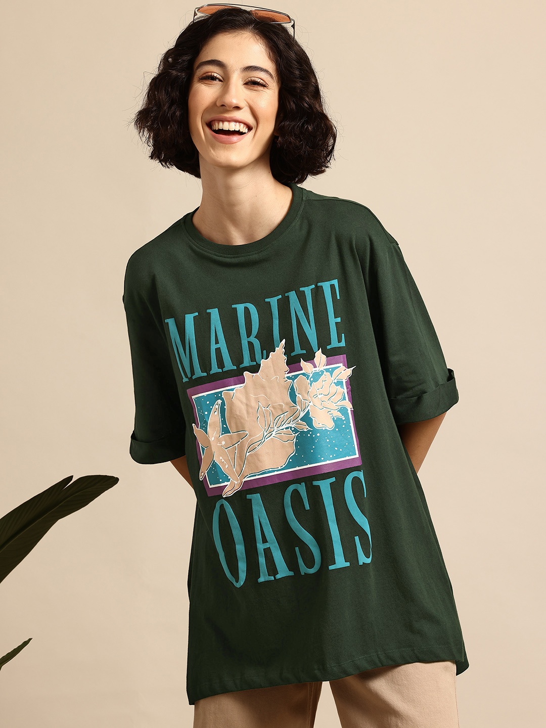 

Mast & Harbour Graphic Print Drop-Shoulder Sleeves Pure Cotton T-shirt, Olive