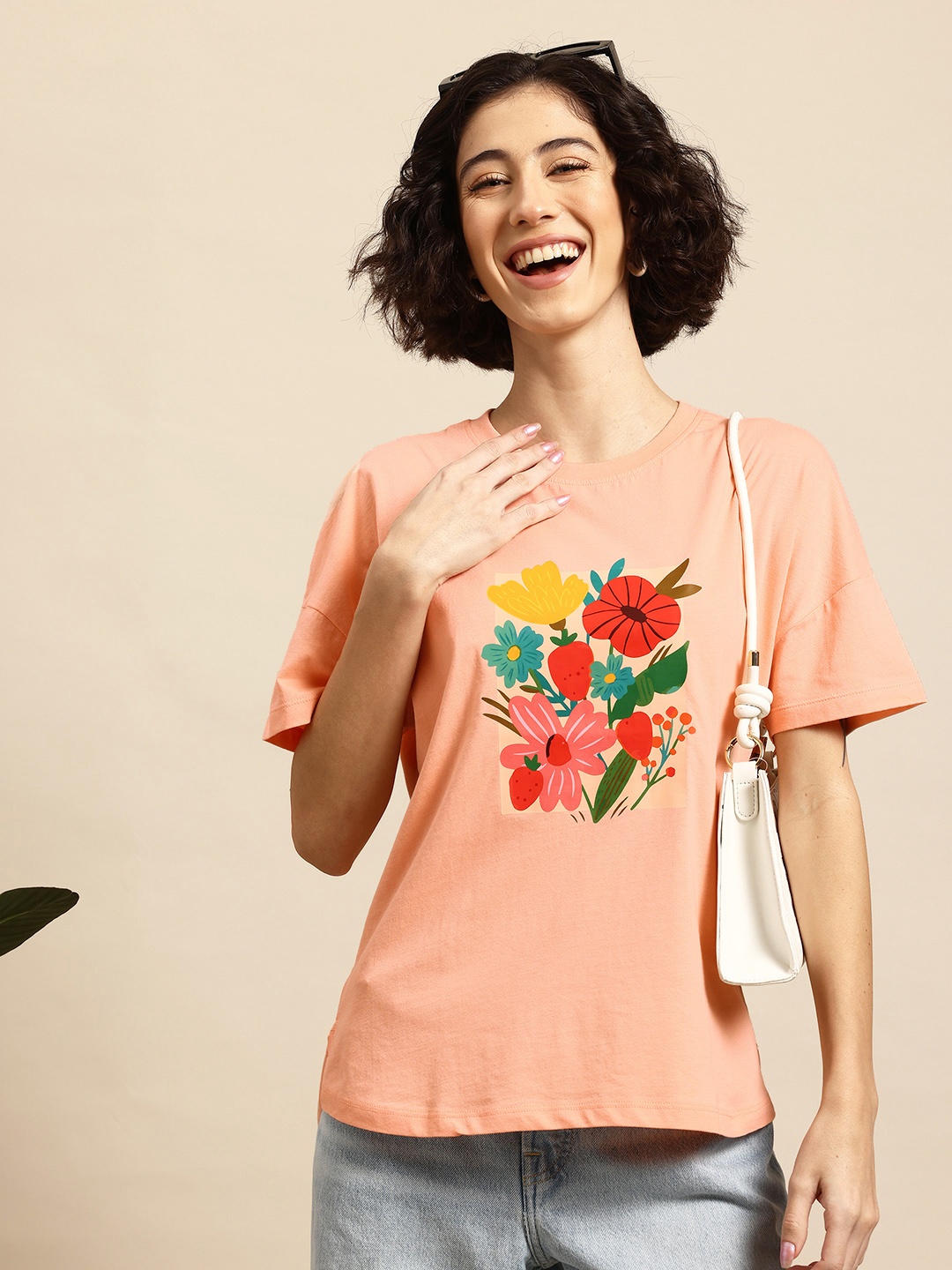 

Mast & Harbour Floral Print Pure Cotton T-shirt, Peach