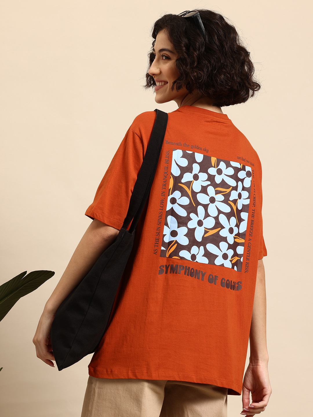 

Mast & Harbour Floral Print Drop-Shoulder Sleeves Pure Cotton T-shirt, Rust