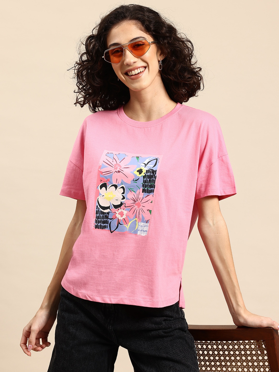

Mast & Harbour Women Floral Printed Pure Cotton T-shirt, Pink