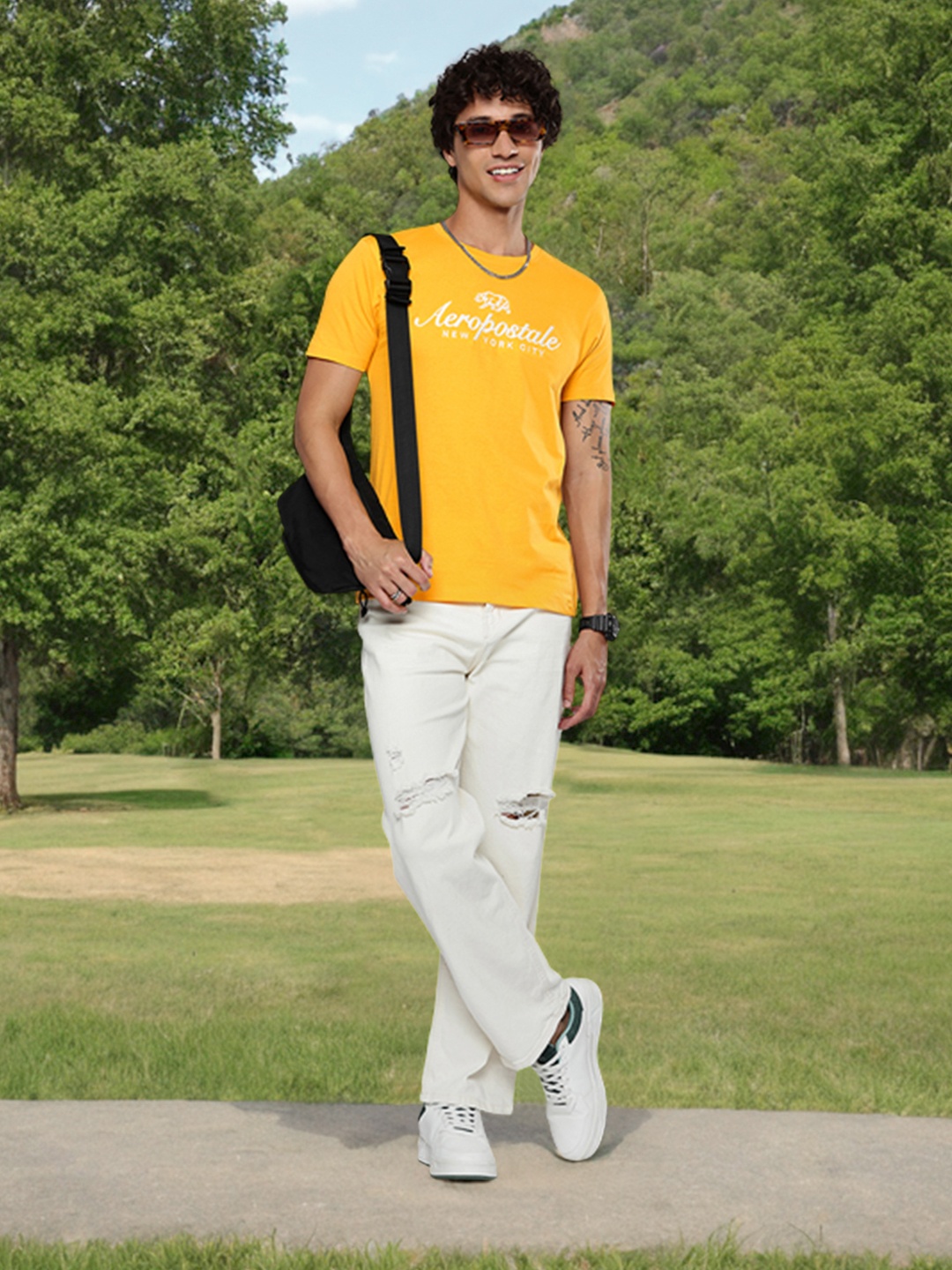 

Aeropostale Embroidered Brand Logo Pure Cotton T-shirt, Yellow