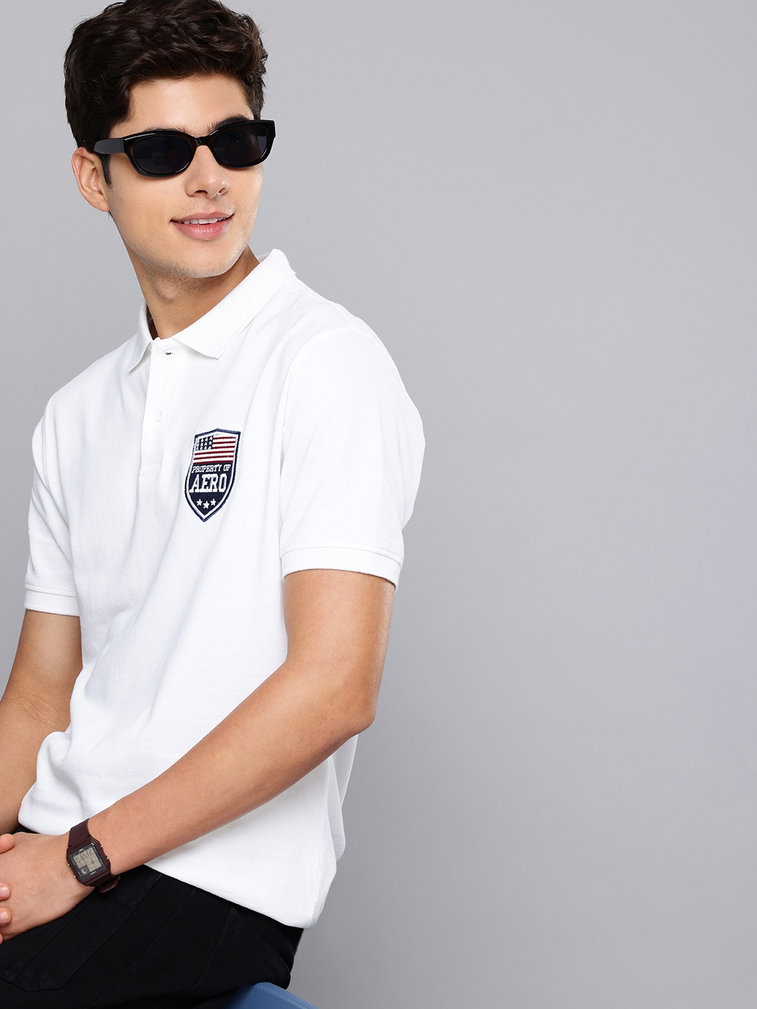 Aeropostale Polo Collar Pure Cotton Applique Detailed T-shirt, White