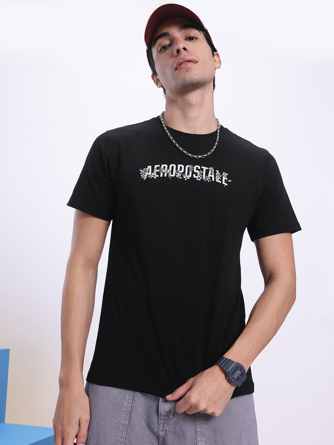 

Aeropostale Men Brand Logo Printed Pure Cotton T-shirt, Black