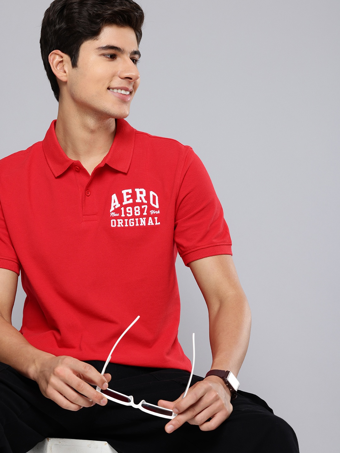 

Aeropostale Brand Logo Embroidered Polo Collar Pure Cotton T-shirt, Red