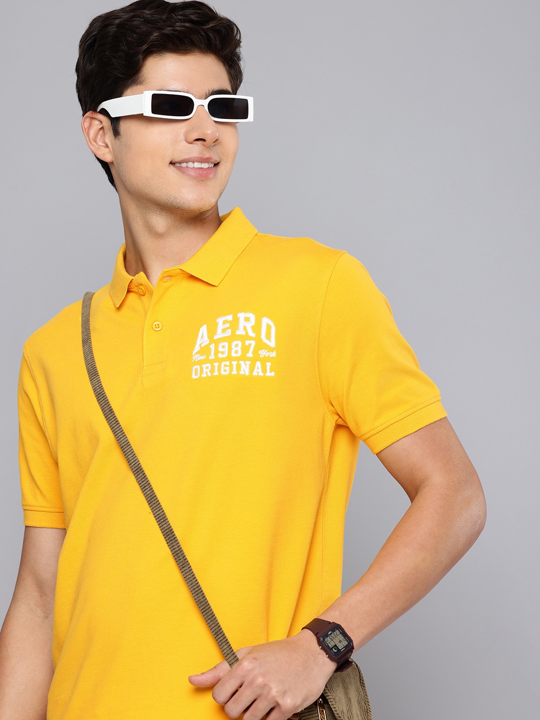 

Aeropostale Brand Logo Embroidered Polo Collar Pure Cotton T-shirt, Yellow