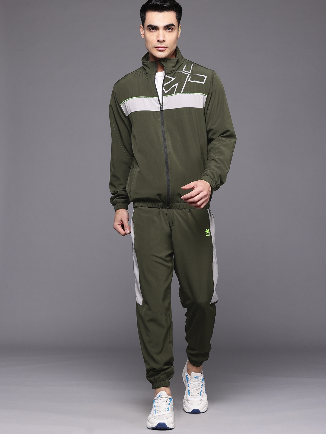 

HRX by Hrithik Roshan Brand Logo Printed Rapid-Dry Running Zip-Up Tracksuit, Olive