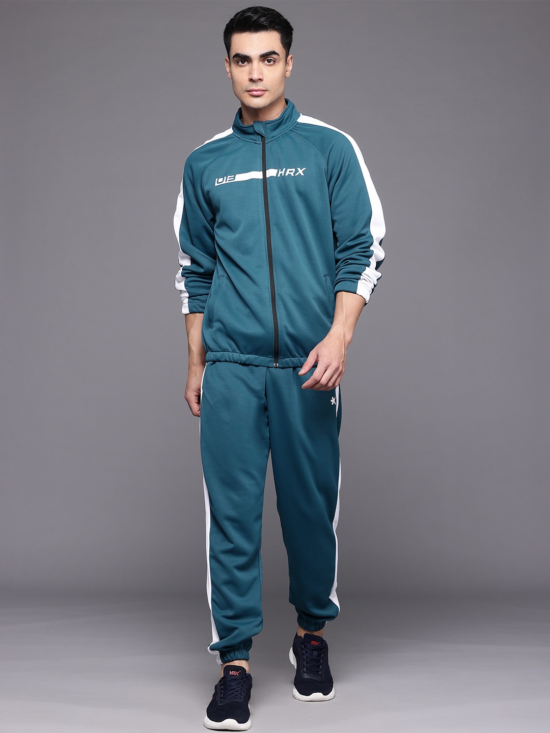 

HRX by Hrithik Roshan Brand Logo Printed Rapid-Dry Running Zip-Up Tracksuit, Teal