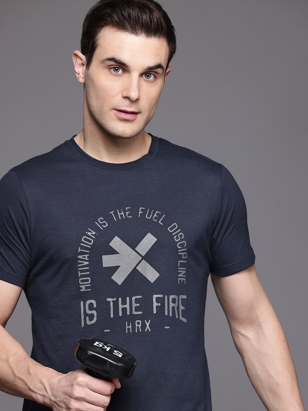 

HRX by Hrithik Roshan Rapid-Dry Brand Logo Print Training T-shirt, Navy blue