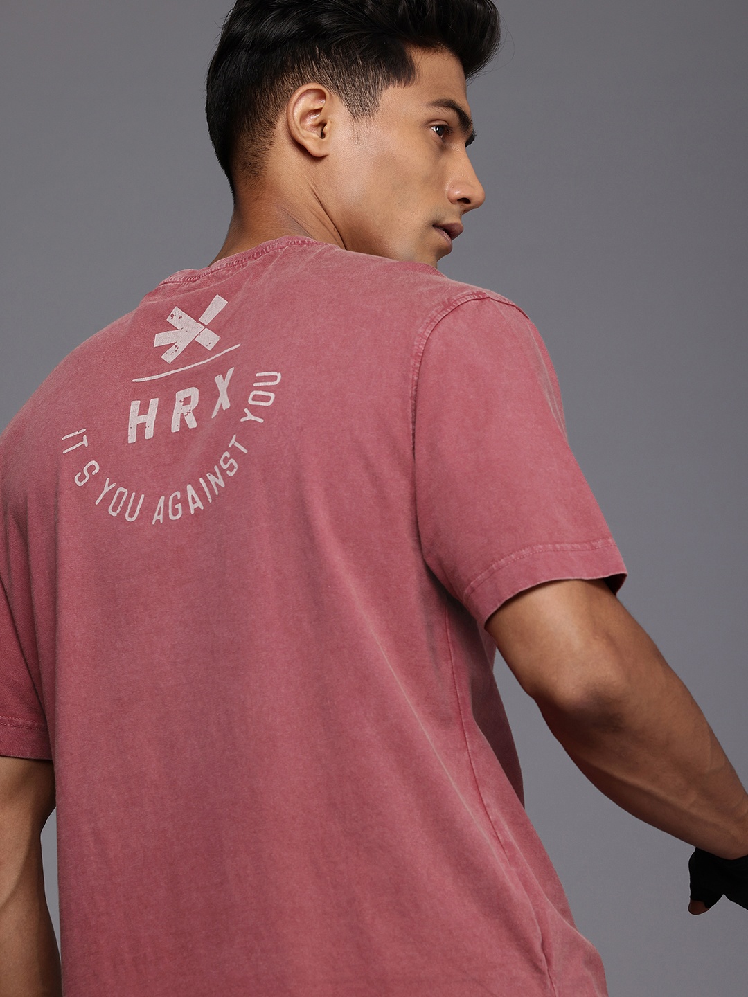 

HRX by Hrithik Roshan Brand Logo Printed Washed Effect Pure Cotton Training T-shirt, Pink