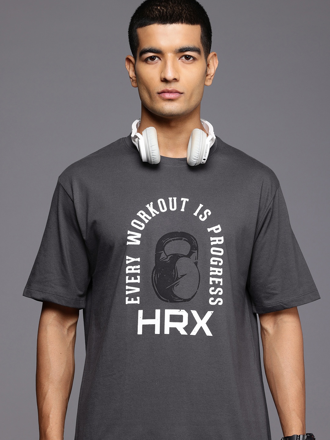 

HRX by Hrithik Roshan Typography Printed Drop-Shoulder Sleeves Training T-shirt, Grey