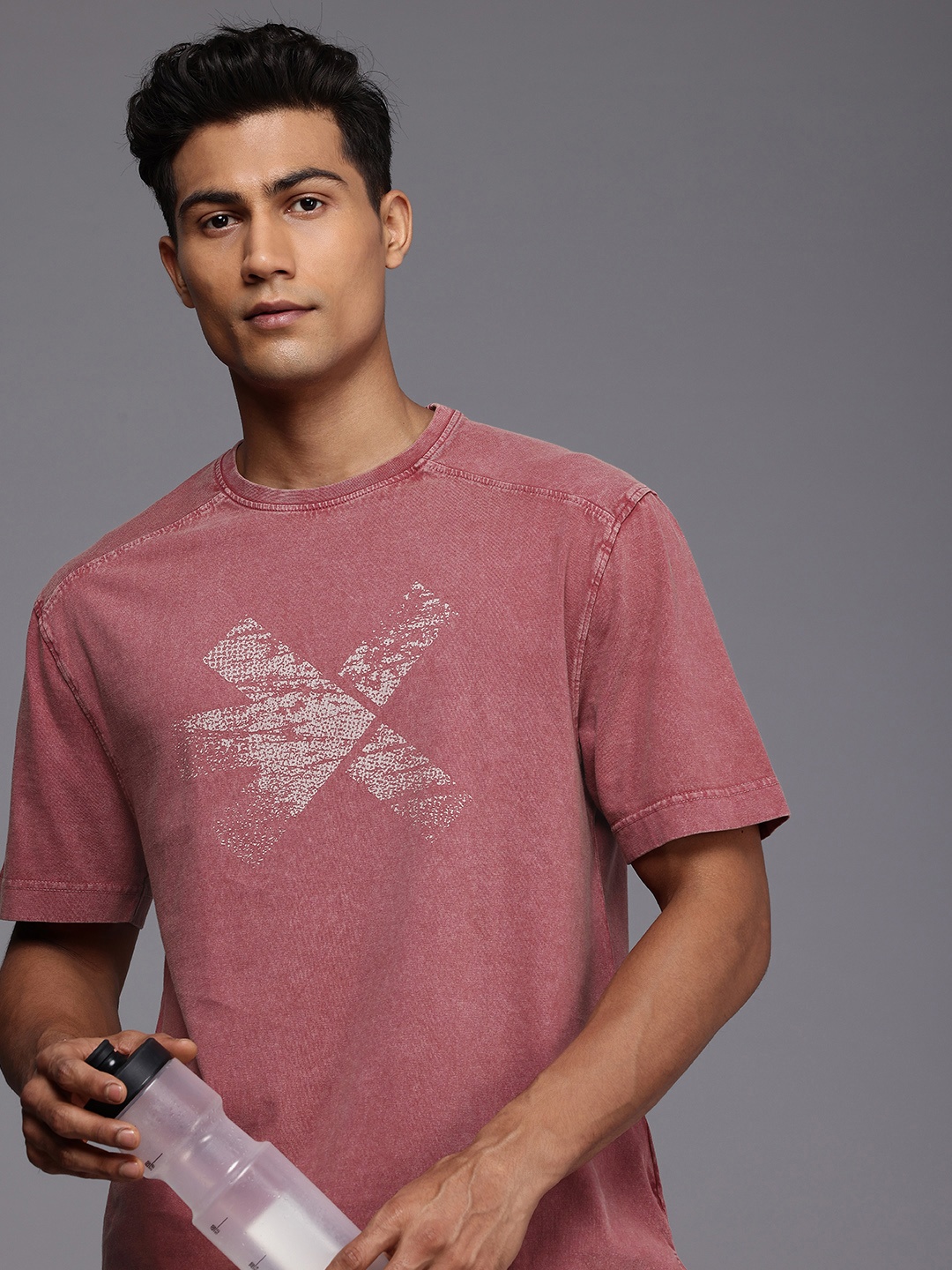 

HRX by Hrithik Roshan Brand Logo Printed Washed Effect Pure Cotton T-shirt, Pink