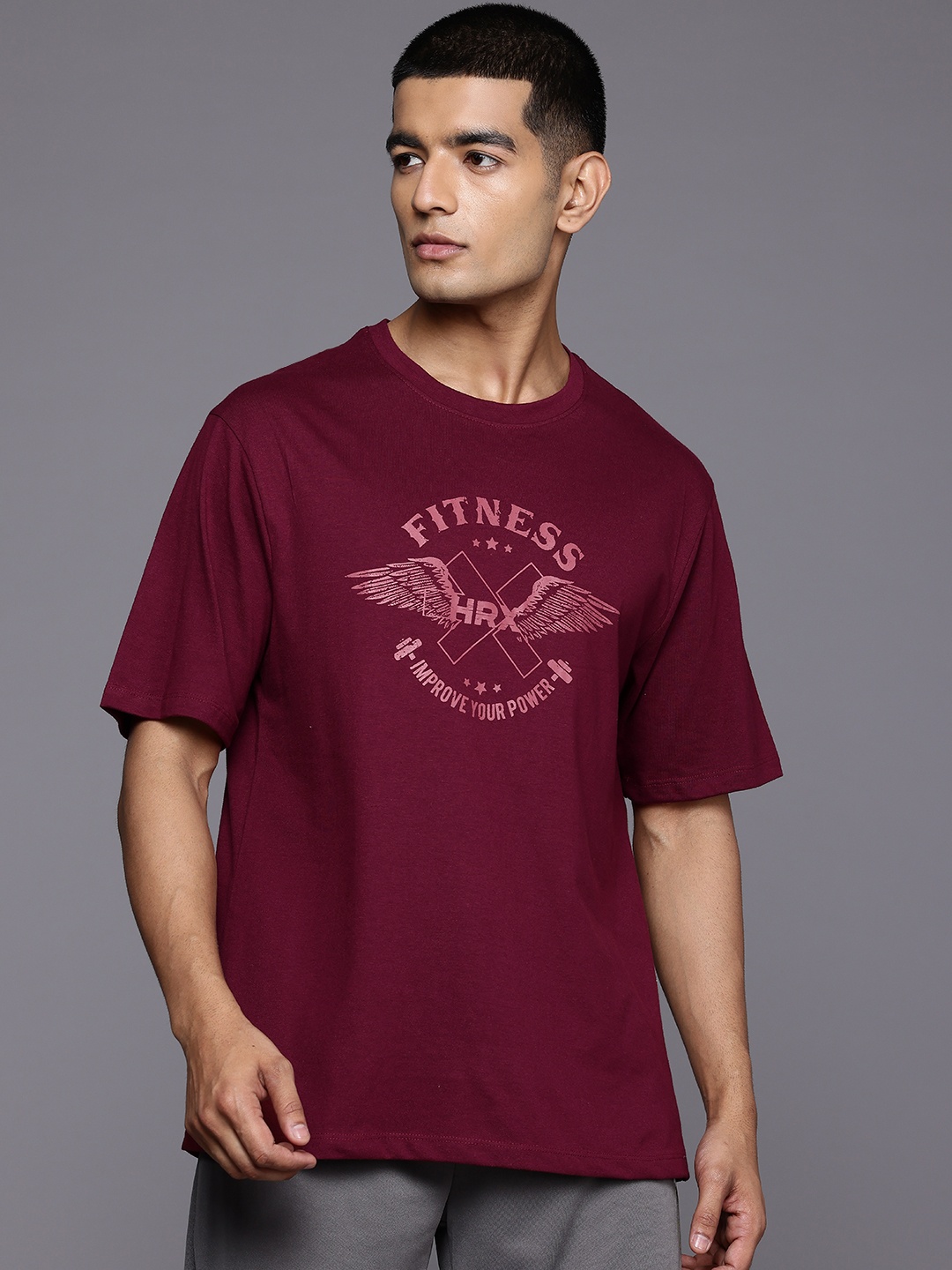 

HRX by Hrithik Roshan Typography Print Drop-Shoulder Sleeves Training T-shirt, Maroon