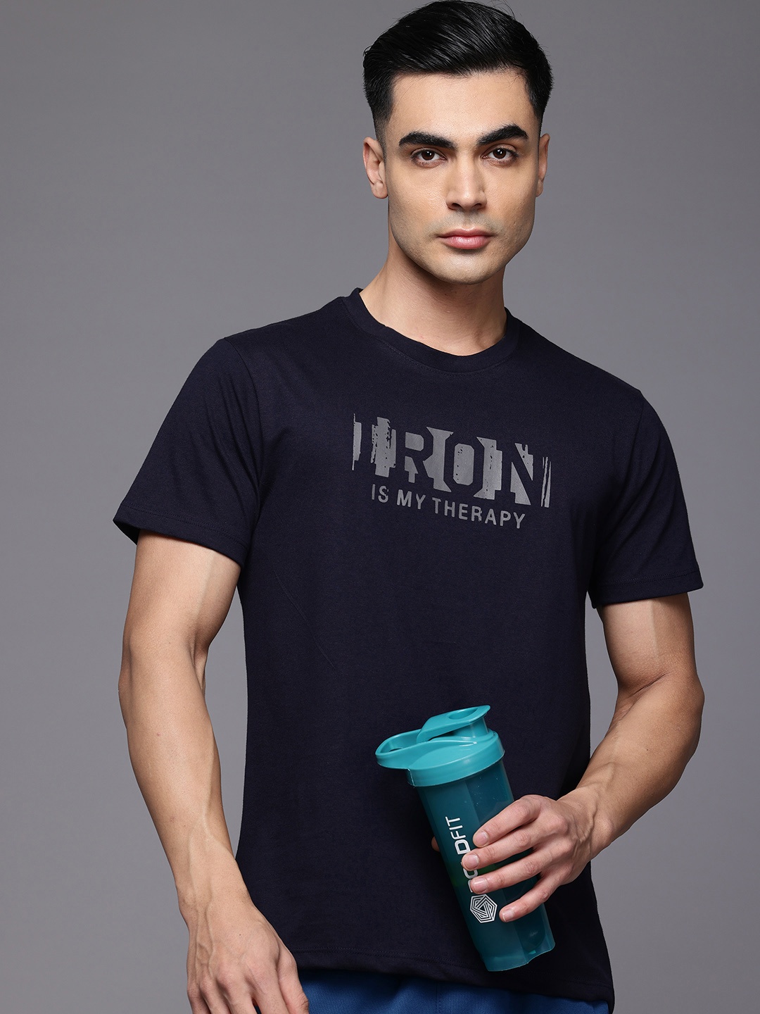 

HRX by Hrithik Roshan Typography Printed Rapid-Dry Training T-shirt, Navy blue