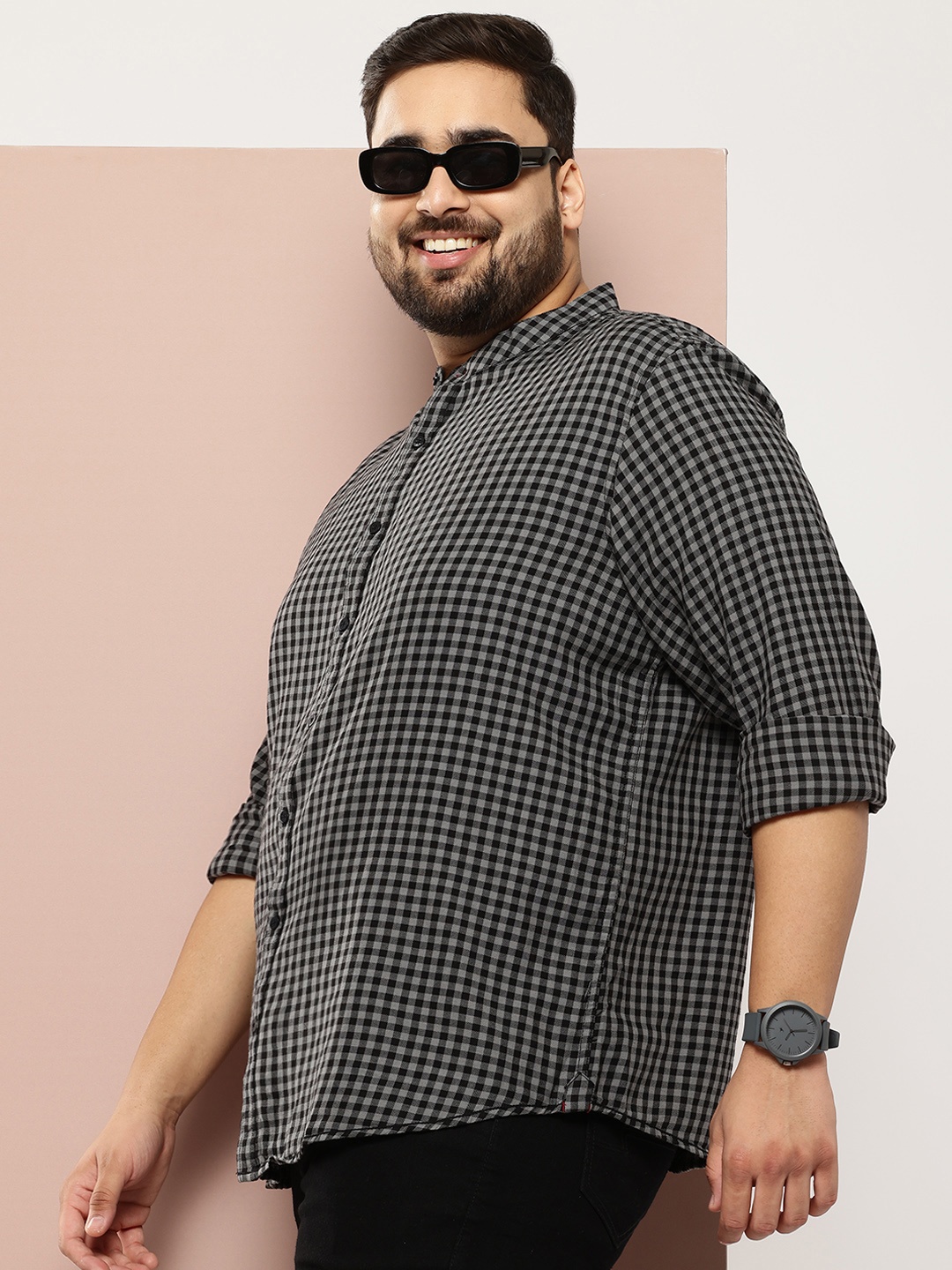 

Sztori Plus Size Pure Cotton Checked Shirt, Black