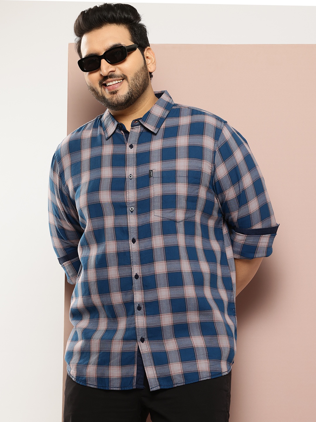 

Sztori Plus Size Pure Cotton Checked Shirt, Navy blue
