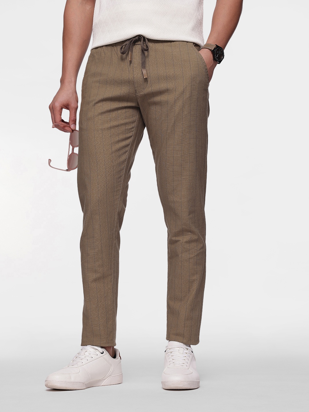 

French Connection Men Striped Slim Fit Trousers, Olive