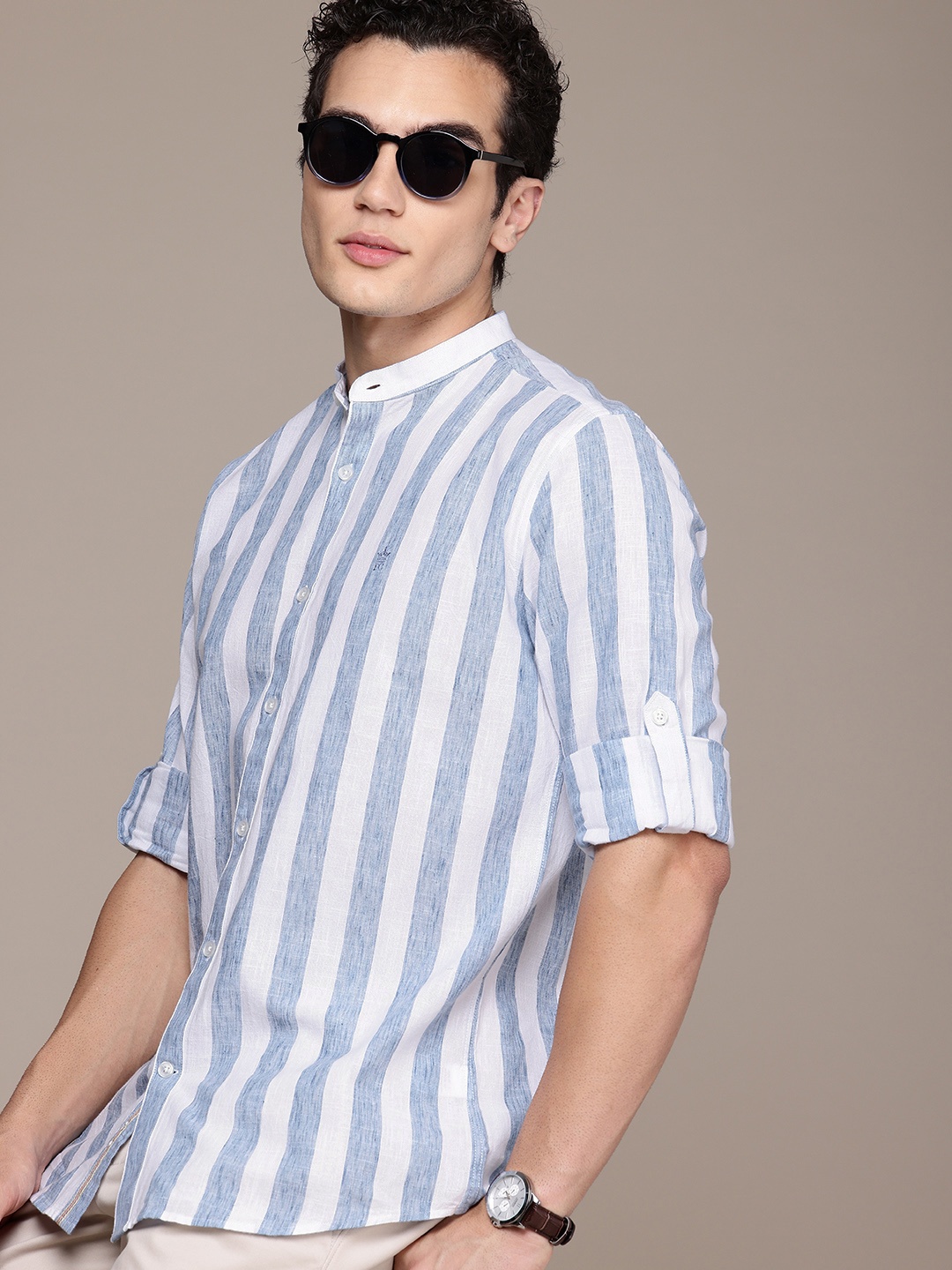

French Connection Slim Fit Striped Band Collar Pure Cotton Slub Casual Shirt, Blue
