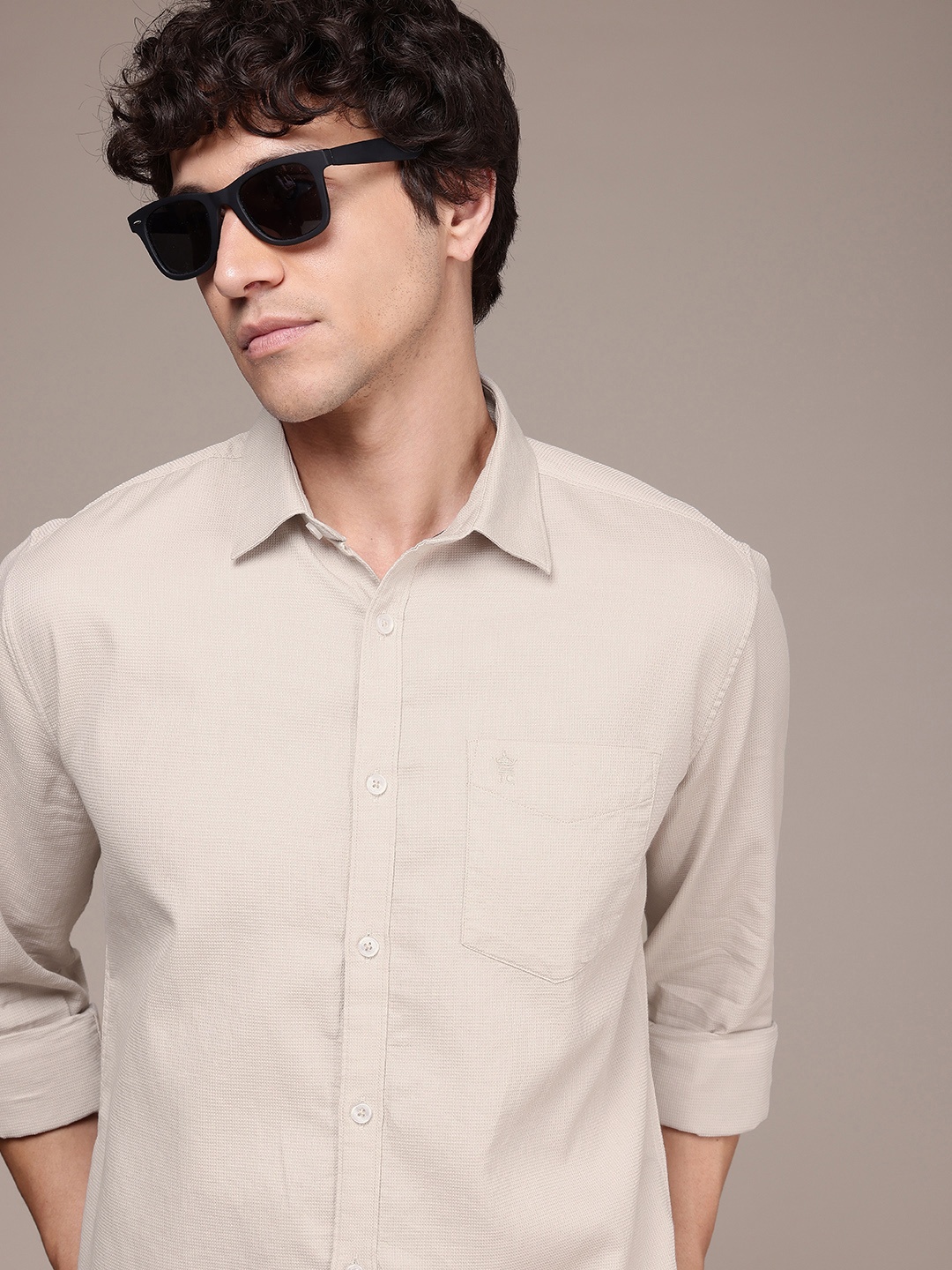 

French Connection Slim Fit Textured Pure Cotton Casual Shirt, Beige