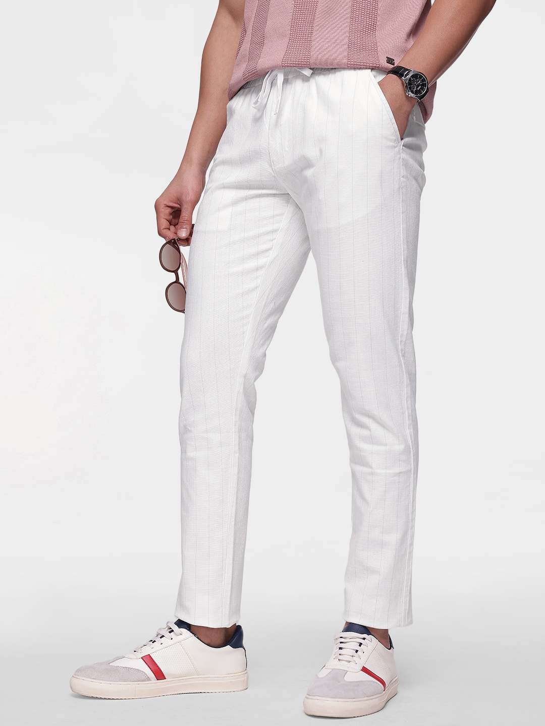 

French Connection Men Striped Slim Fit Trousers, White