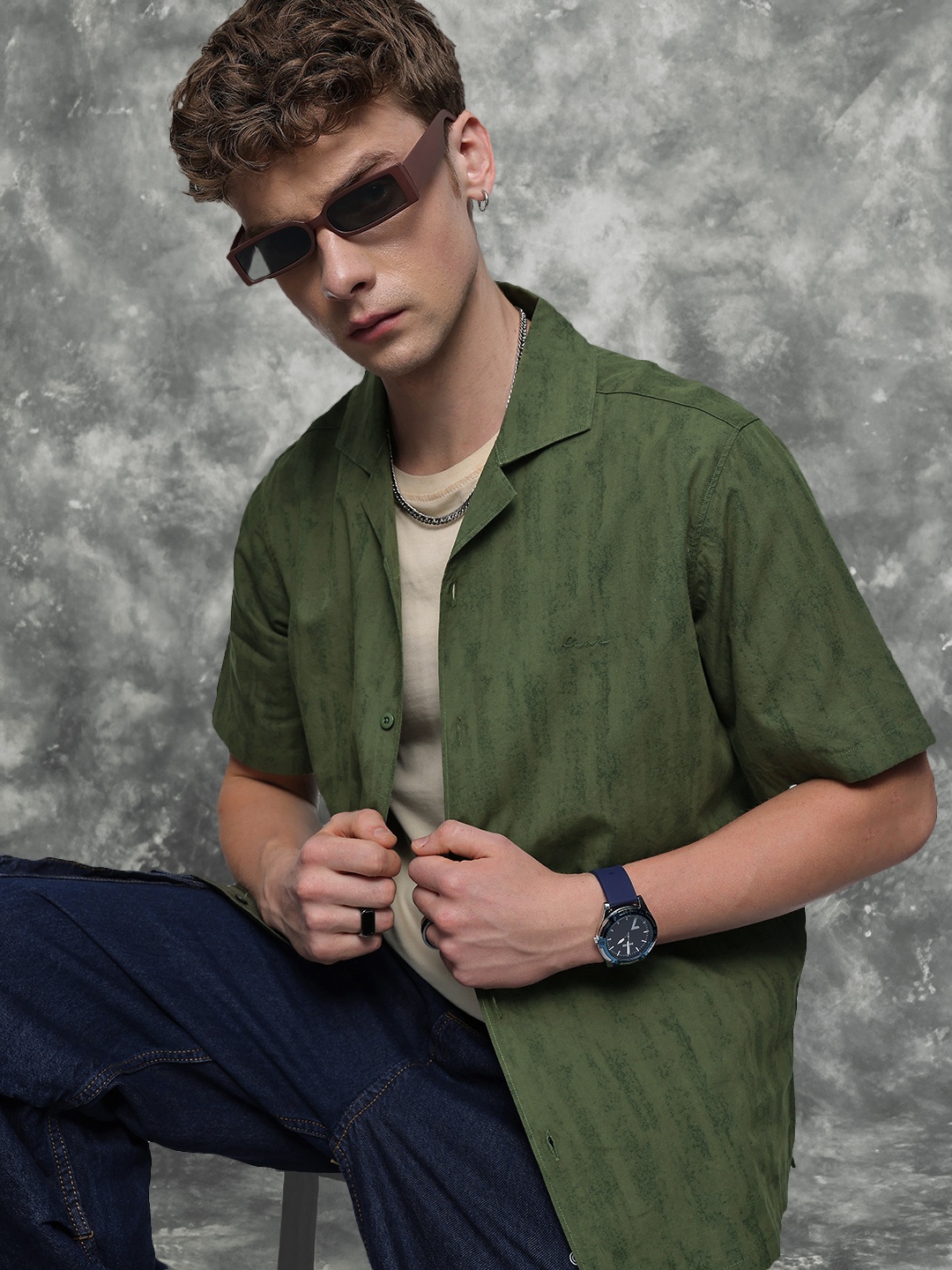 

FCUK Printed Cuban Collar Relaxed Fit Casual Shirt, Olive