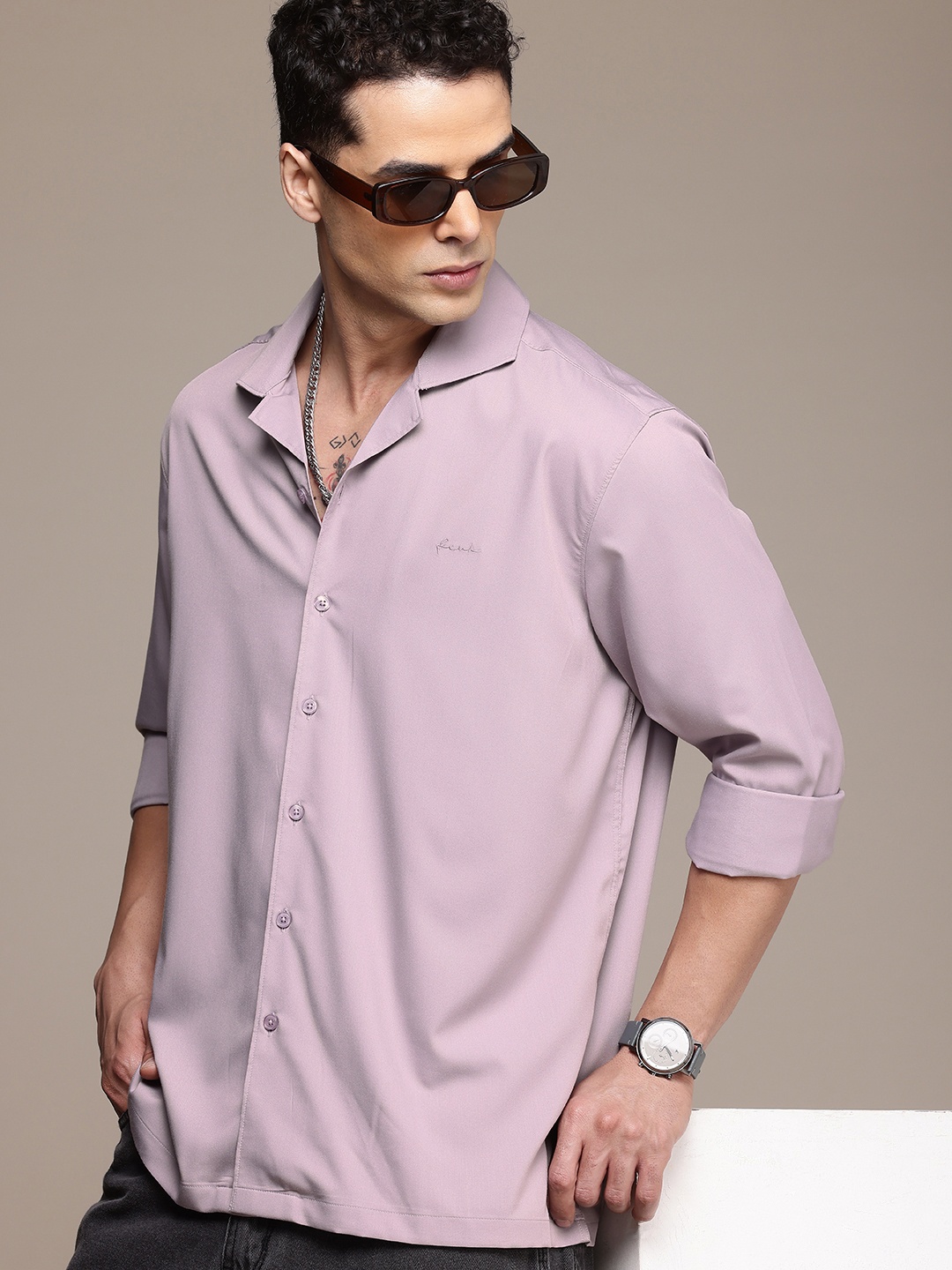 

FCUK Cuban Collar Relaxed Fit Casual Shirt, Lavender