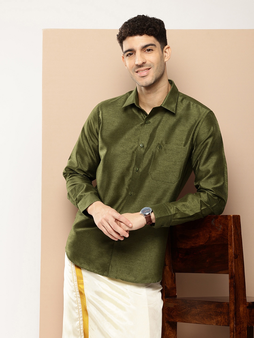 

INVICTUS Spread Collar Opaque Festive Collection Shirt, Olive