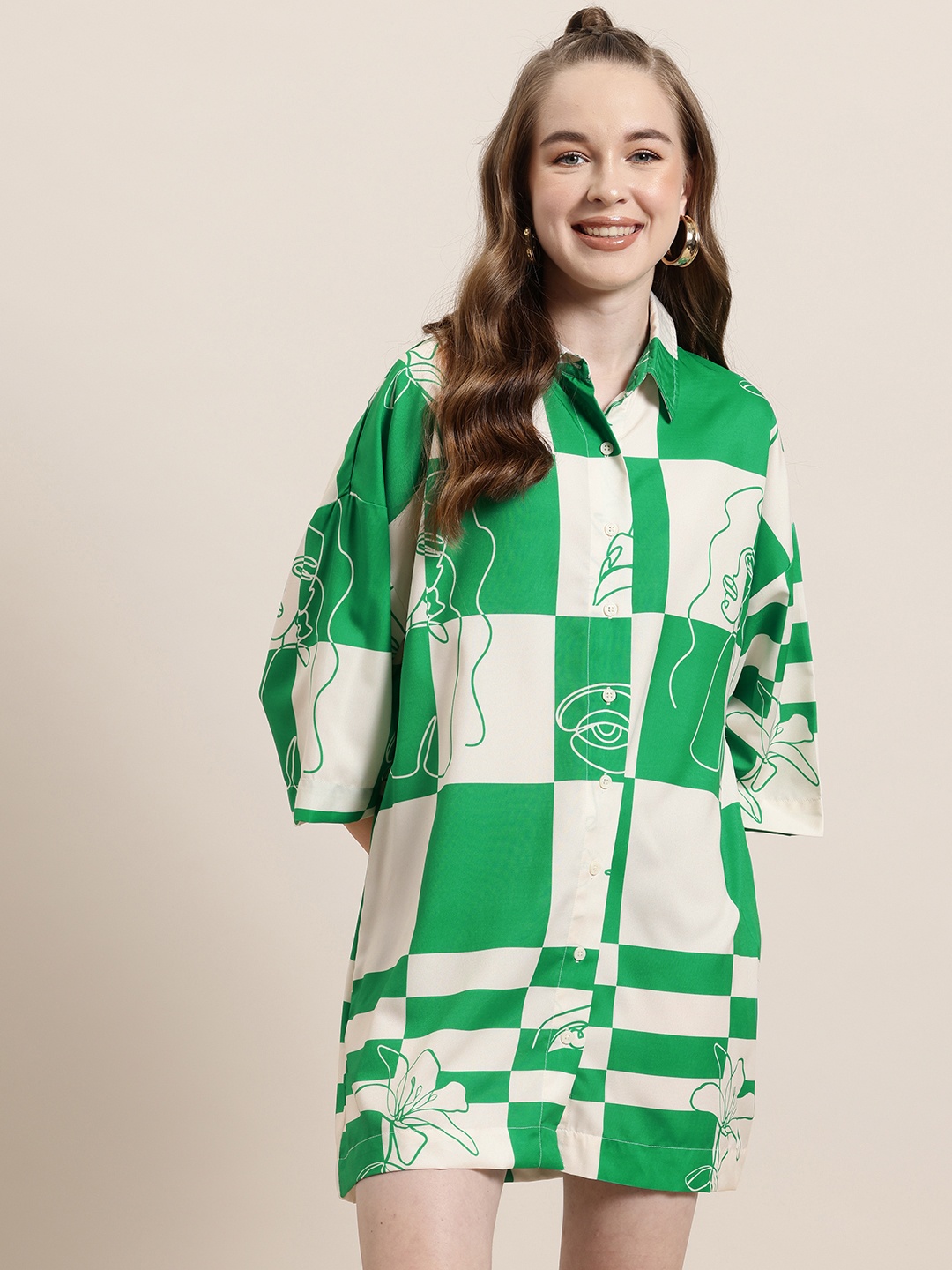 

HERE&NOW Printed Oversized Shirt Mini Dress, Green