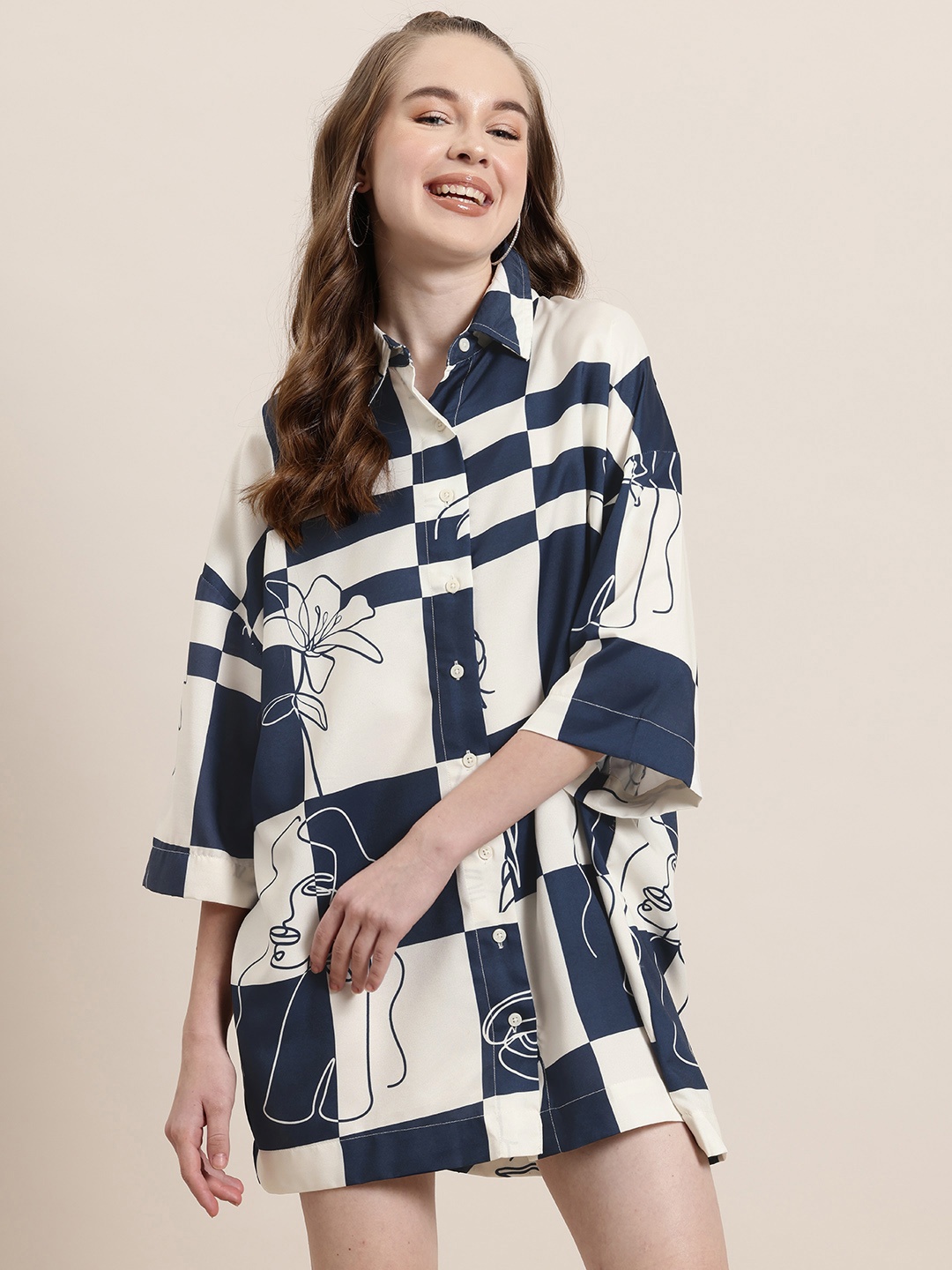

HERE&NOW Printed Oversized Shirt Mini Dress, Navy blue