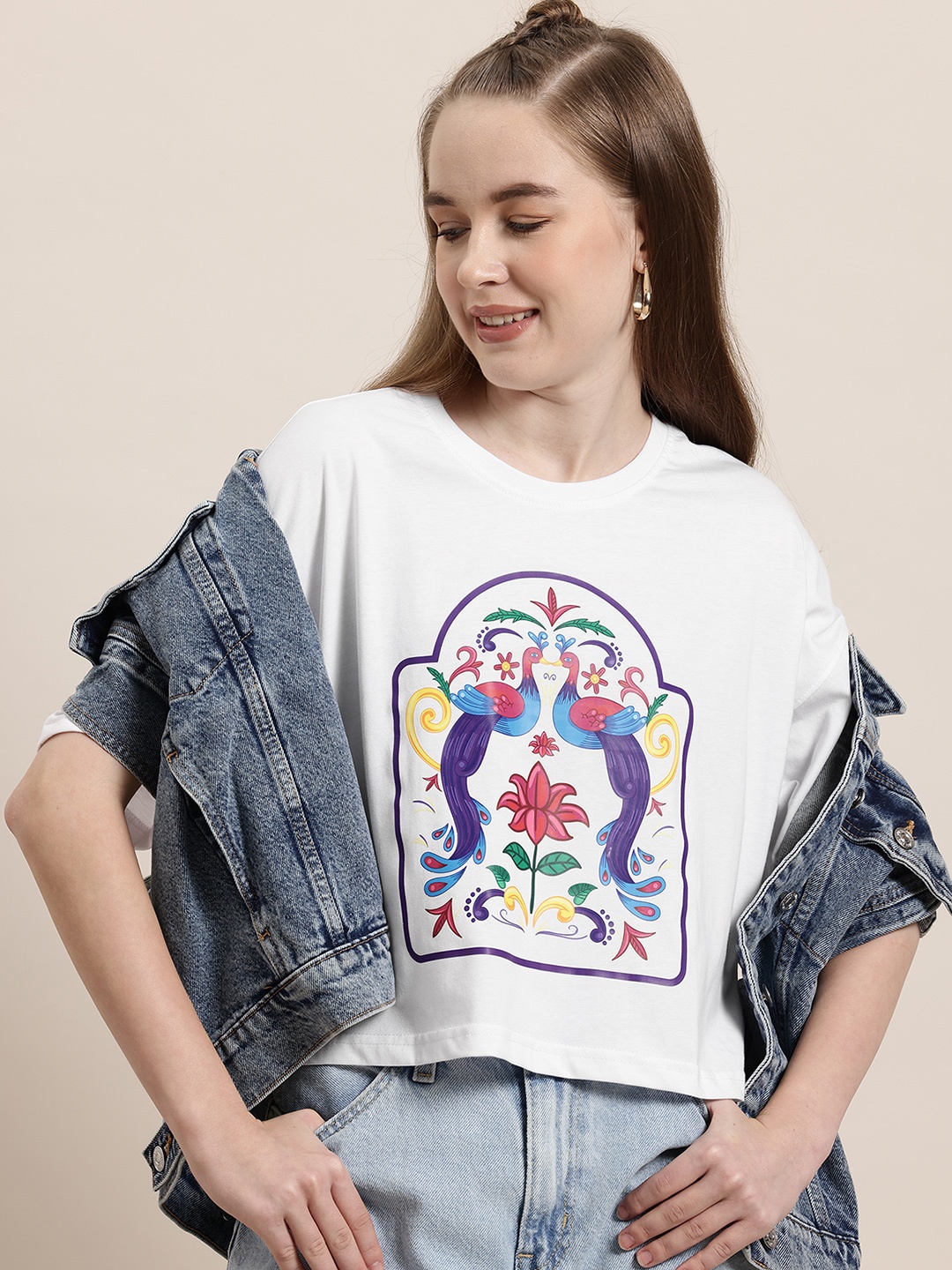 

HERE&NOW Women Printed Drop-Shoulder Sleeves Boxy T-shirt, White