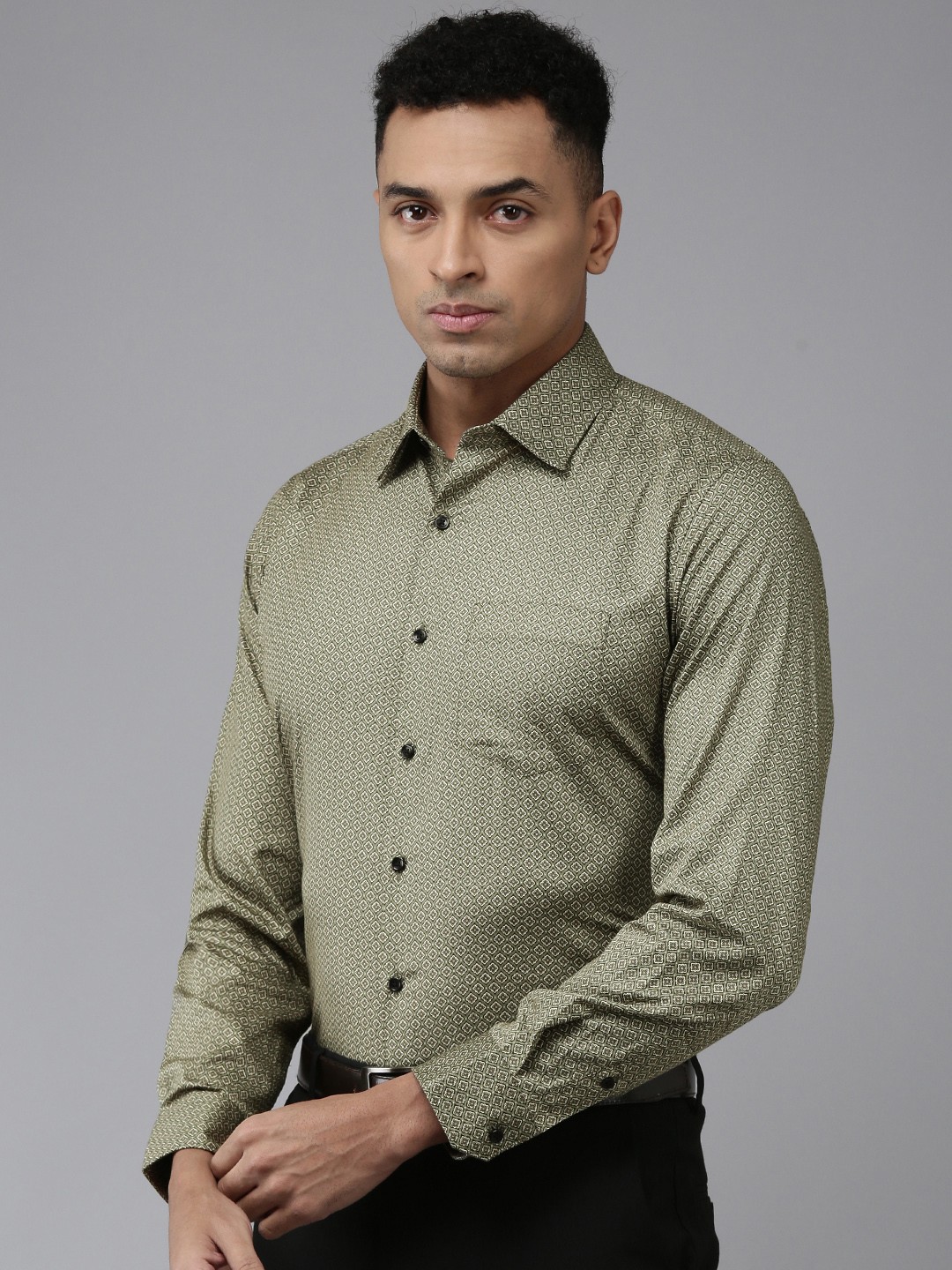 

Van Heusen Pure Cotton Slim Fit Opaque Printed Formal Shirt, Olive