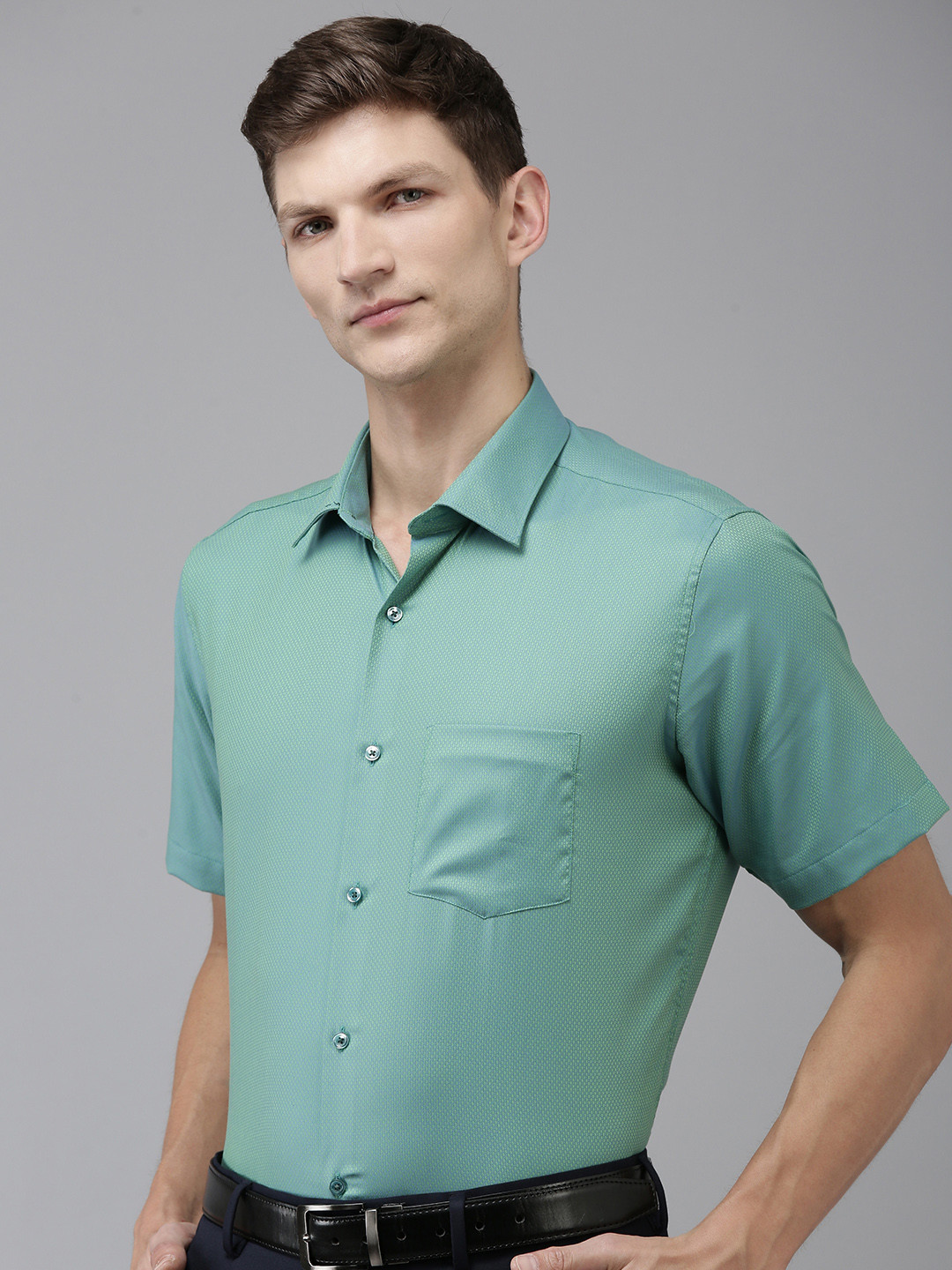 

Van Heusen Pure Cotton Self Design Textured Custom Opaque Formal Shirt, Green