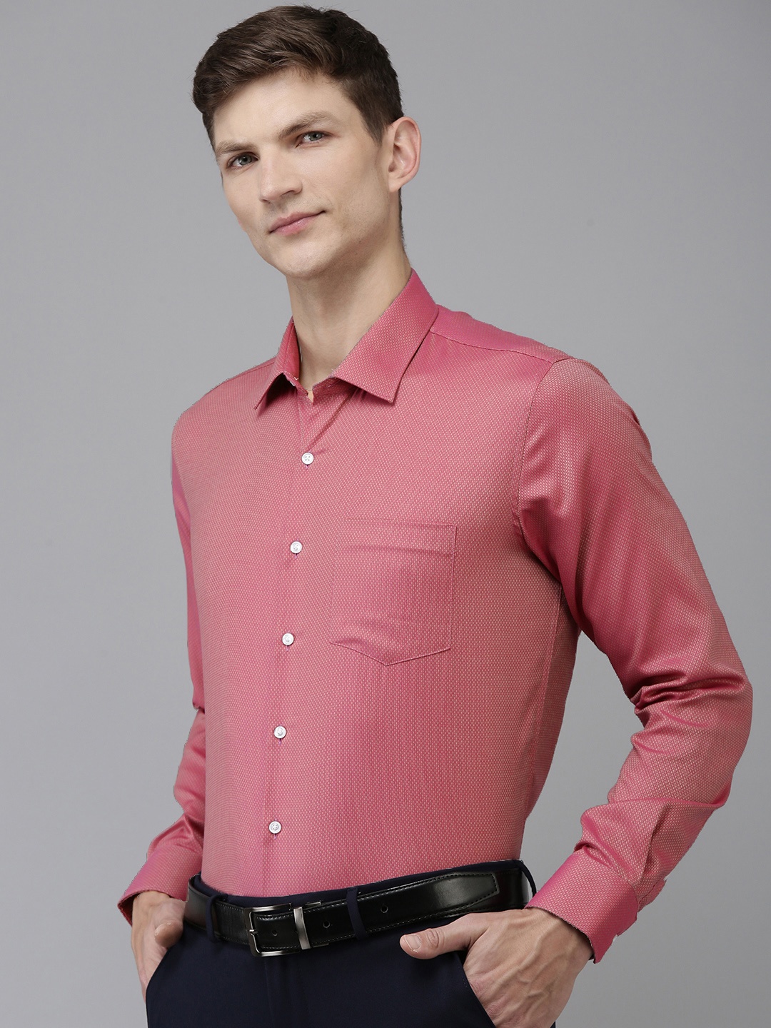 Van Heusen India Slim Fit Floral Self Design Pure Cotton Formal Shirt, Pink