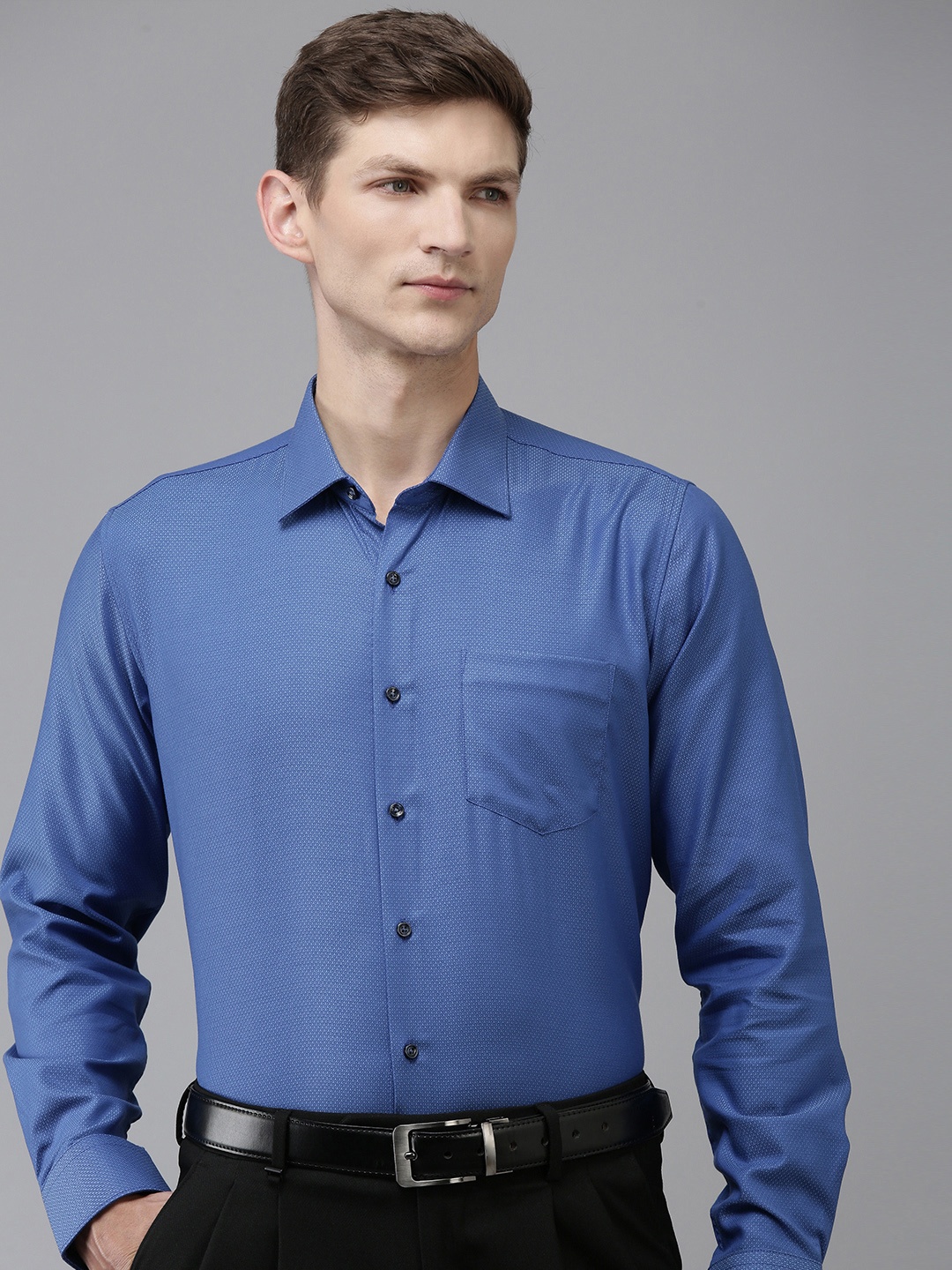 

Van Heusen Pure Cotton Self Design Textured Slim Fit Opaque Formal Shirt, Blue