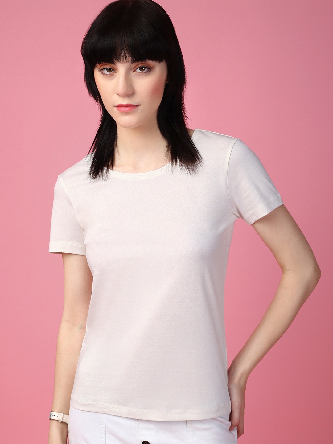 

DressBerry Women Solid Round Neck T-shirt, Off white