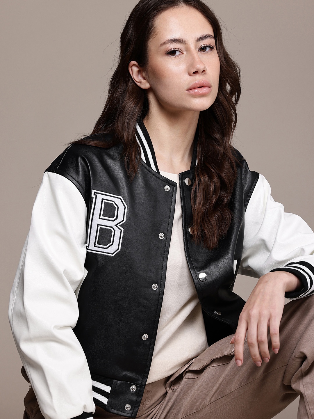 

FCUK Stand Collar Varsity Jacket, Black