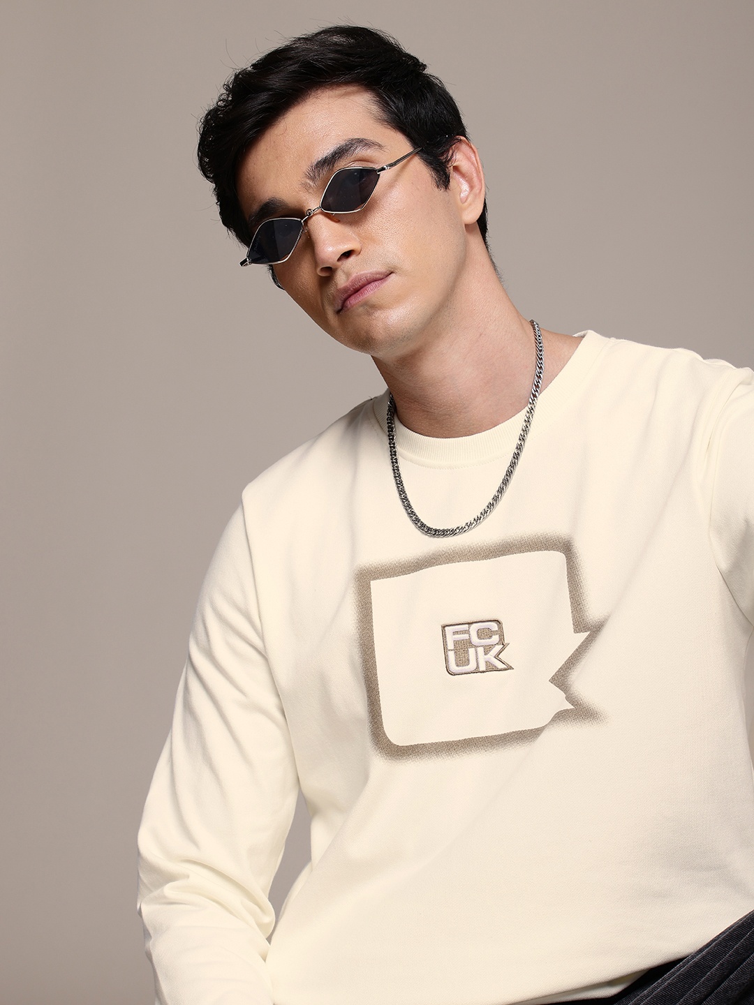 

FCUK Brand Logo Embroidered Pullover Sweatshirt, Off white