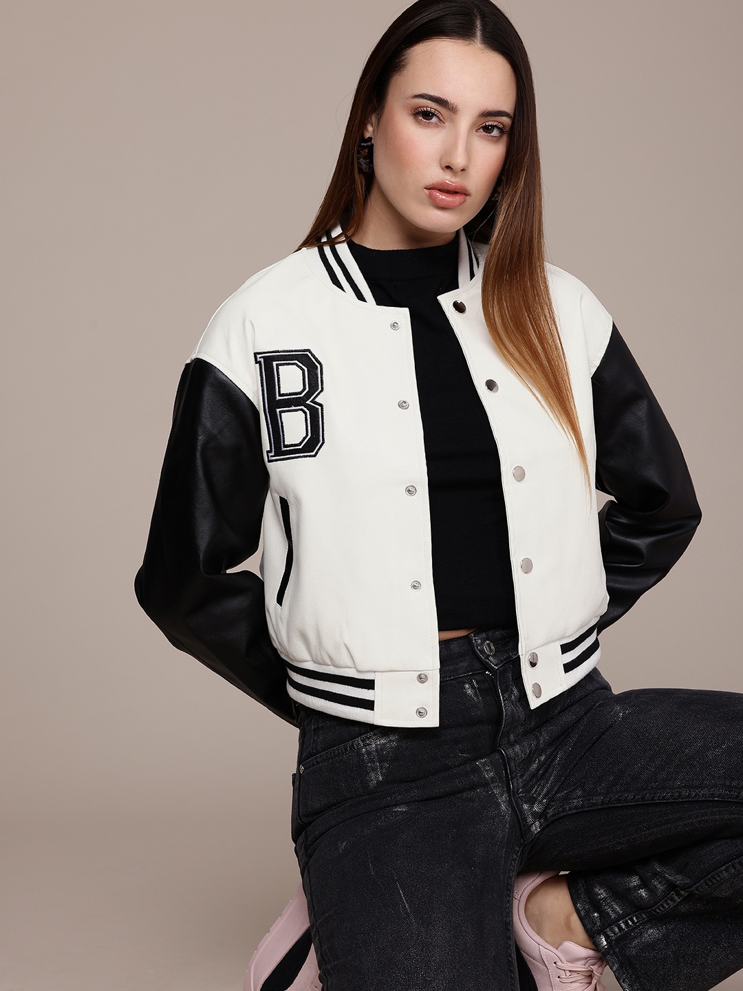 

FCUK Colourblocked Cropped Varsity Jacket, White