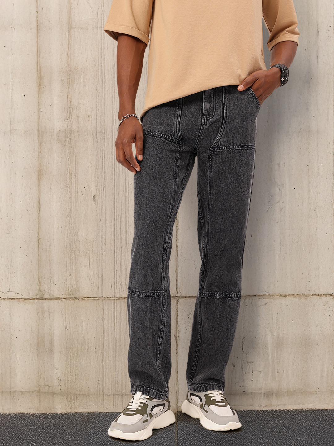 

Kook N Keech Men Vintage Vibes Panelled High-Rise Non-Stretchable Straight Fit Jeans, Charcoal