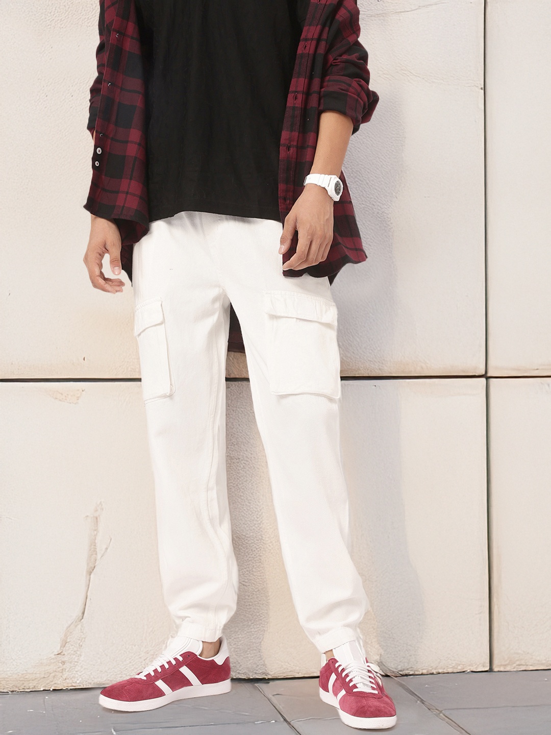

Kook N Keech Men Street Ease Non-Stretchable Cargo Style Jogger Jeans, White