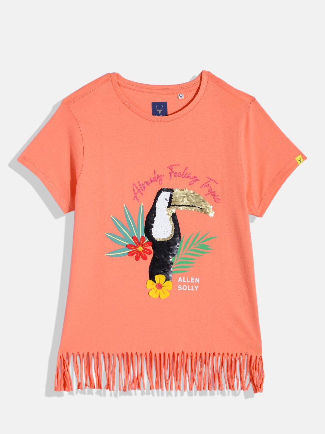 

Allen Solly Junior Girls Embellished Fringed Pure Cotton Boxy Top, Peach