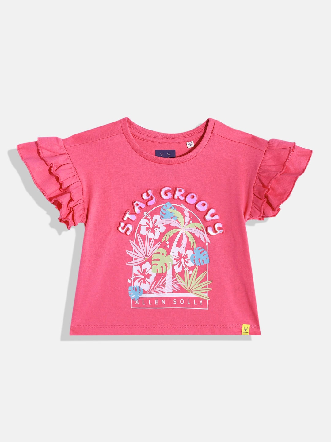 

Allen Solly Junior Girls Tropical Printed Embossed Detail Pure Cotton T-shirt, Pink