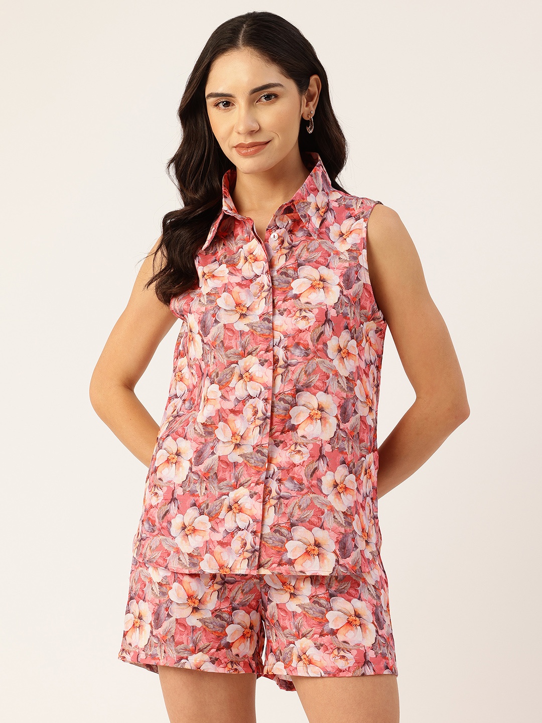 

Sleek Italia Floral Printed Linen Co-Ords, Peach