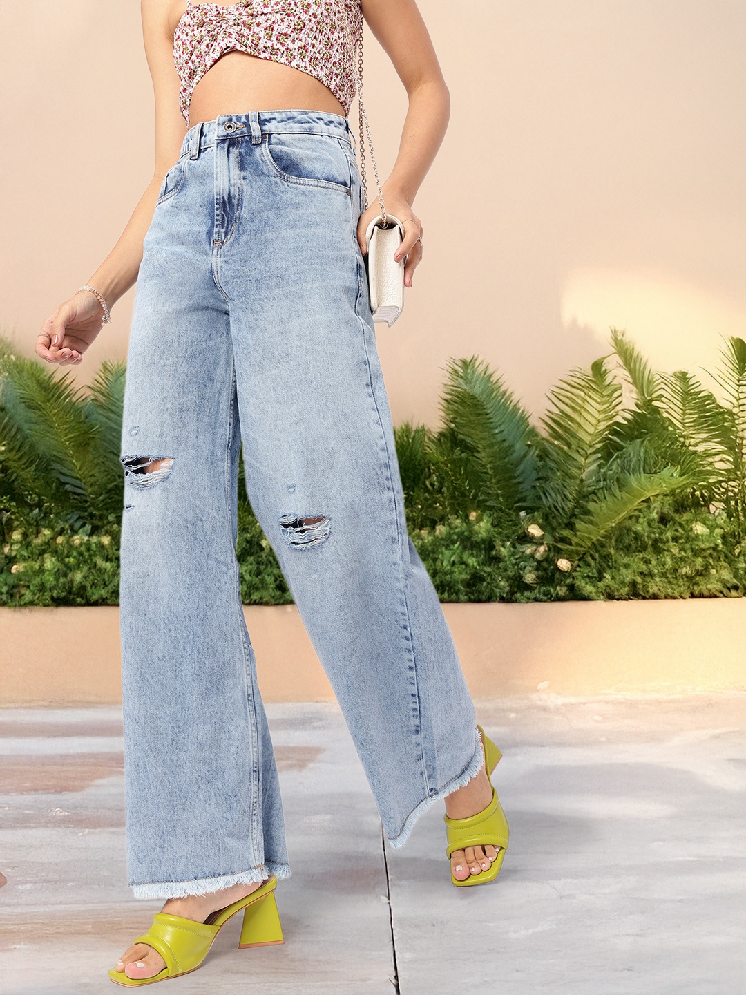 

DressBerry Women Retro Flow Ripped Wide Leg Pure Cotton Jeans, Blue